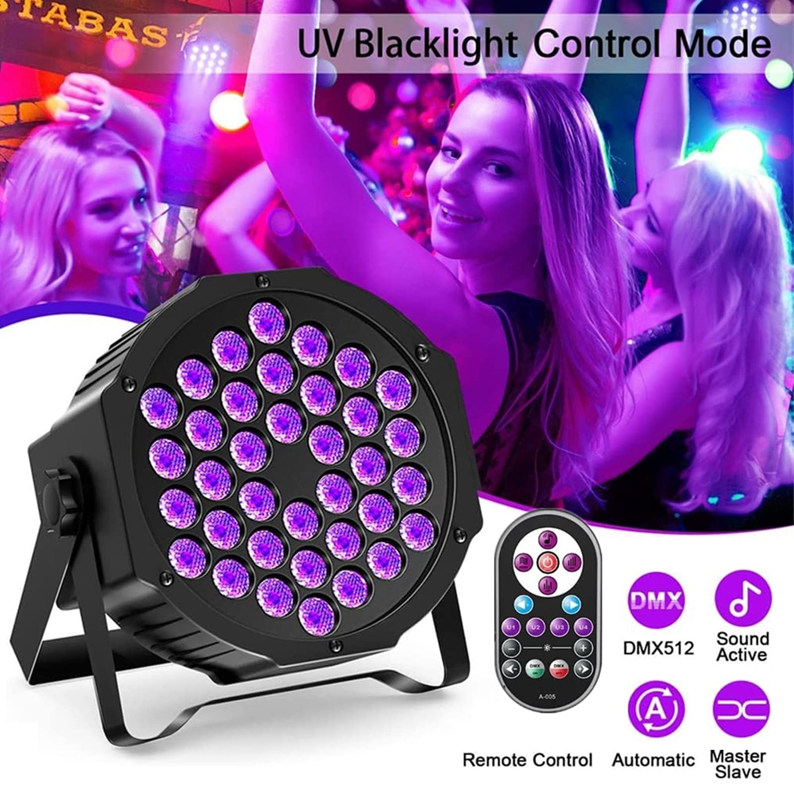 U`King 72W 36LED UV Blacklight Party Light with Remote Control - Metal Par Lights for Stage Lighting