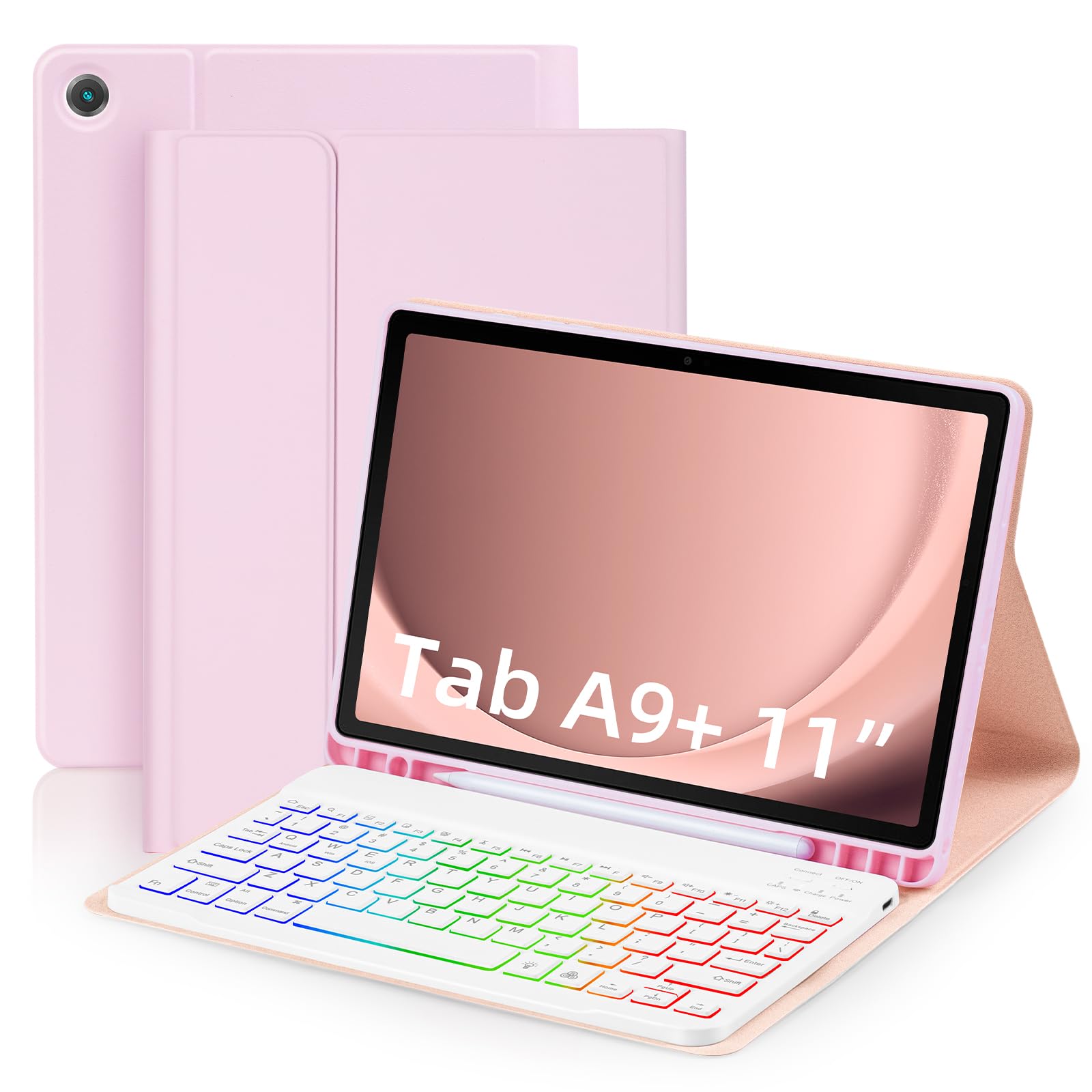 EAMPANG Case with Keyboard for Samsung Galaxy Tab A9 Plus 11 inch (SM-X210/X215/X216/X218),7 Color Rainbow Backlight Detachable 