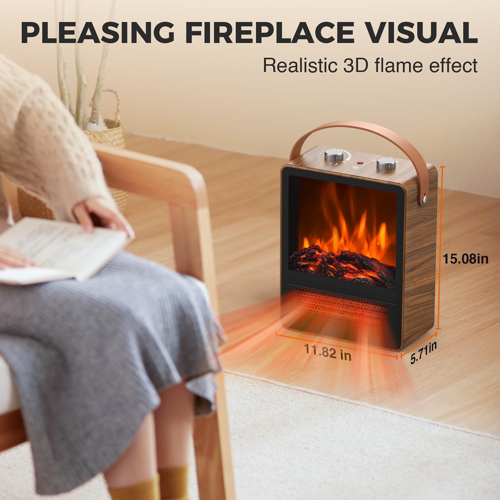 Electric Fireplace Heater For Indoor Use, 1500W/750W Space Heater Fireplace With 3D Led Flame, Double Safety Protection, Portabl