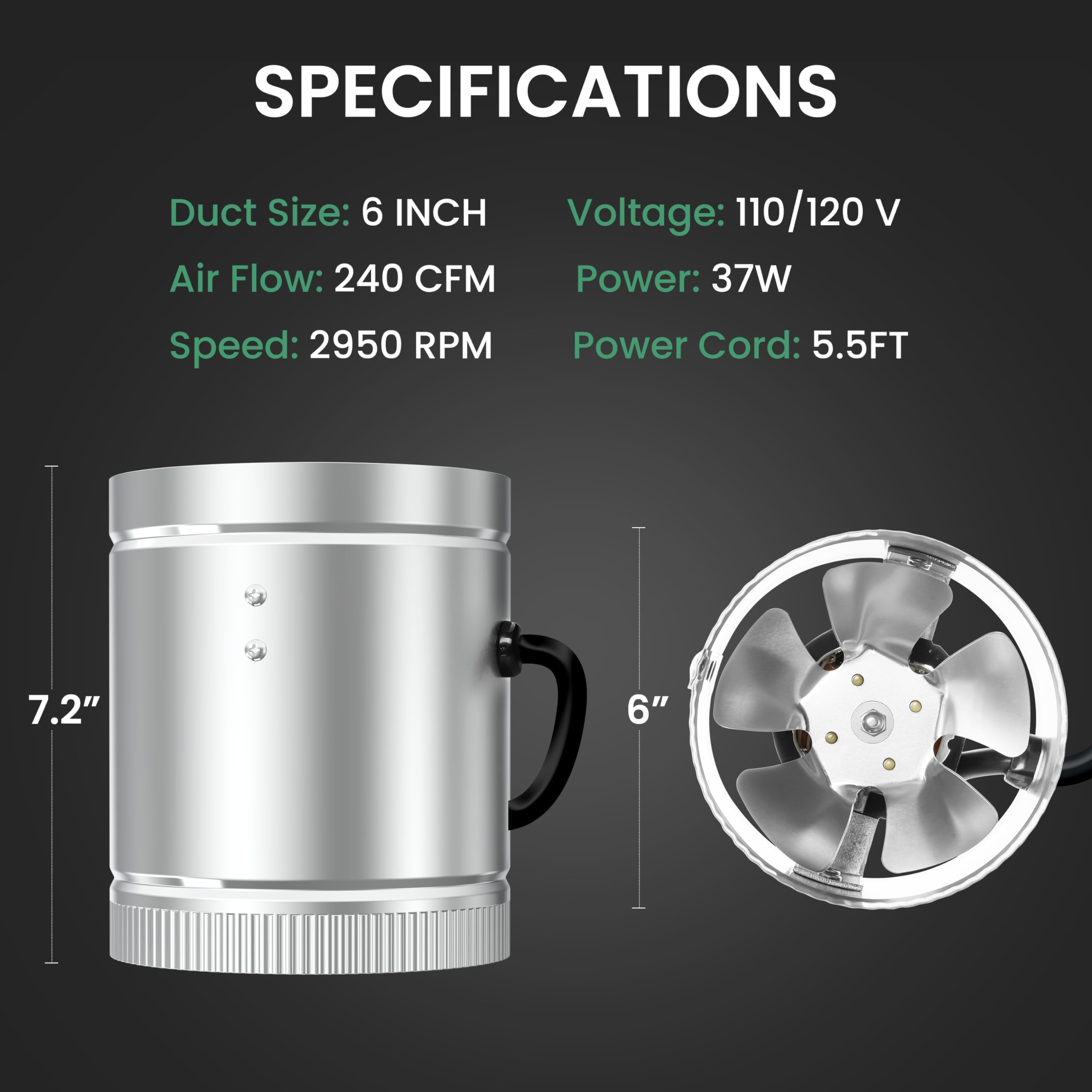 Ipower 6 Inch Inline Duct Fan 240 Cfm, Hvac Booster Exhaust Ventilation Fan With Low Noise For Basements, Bathrooms, Grow Tents,