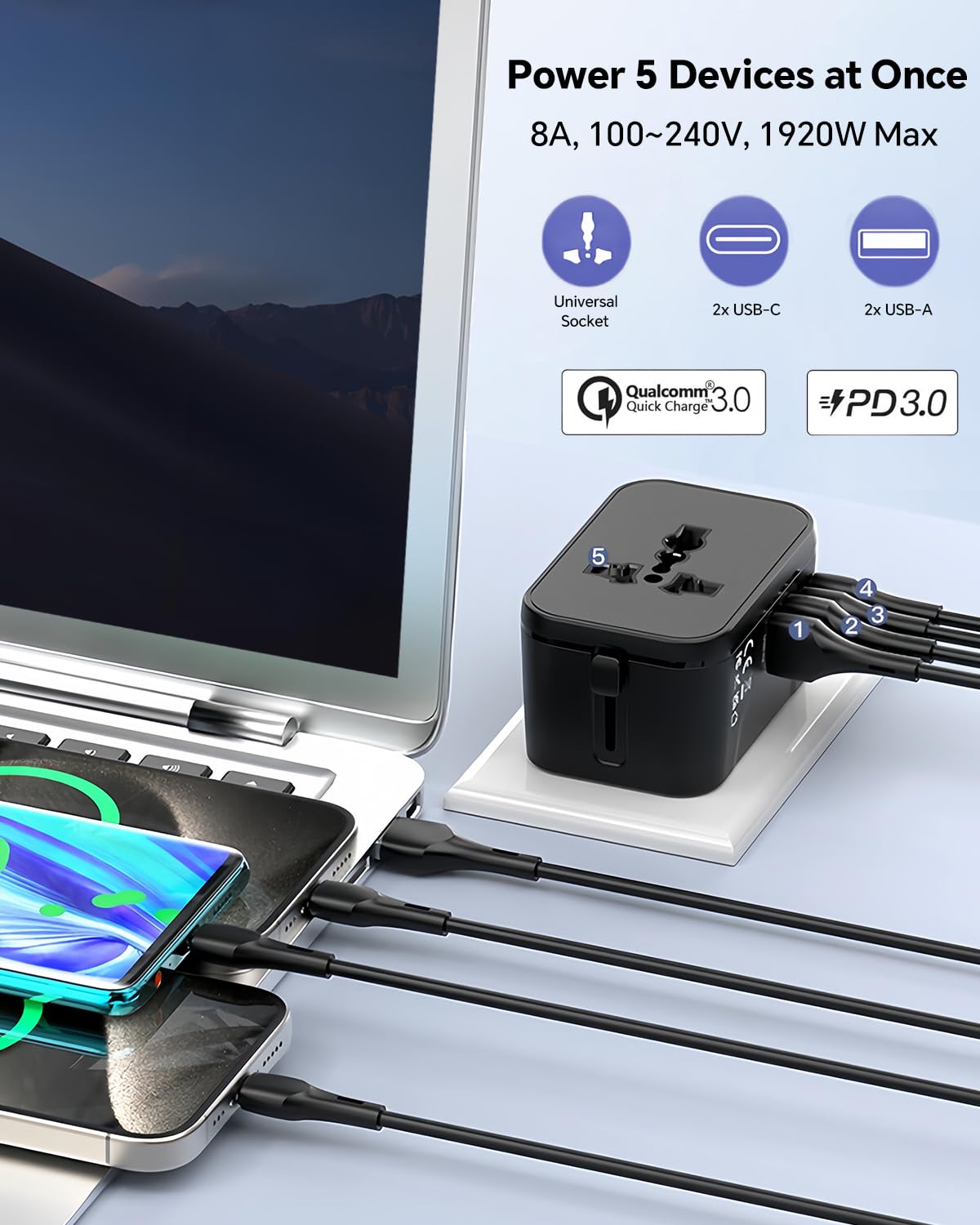 Universal Travel Adapter With 2 Pd20W Usb C & 2 Qc18W Usb A Ports, Fast Charging International Power Plug Adapter, All In One Wo