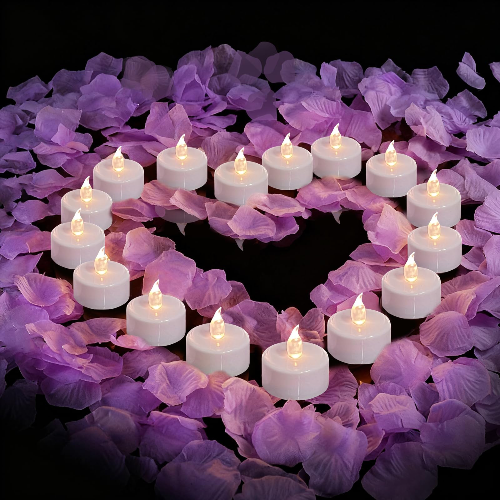 500Pcs Rose Petals with 12 LED Tea Lights Candles Set, Purple Artificial Rose Petals and Flameless Candles Set for Anniversary, 
