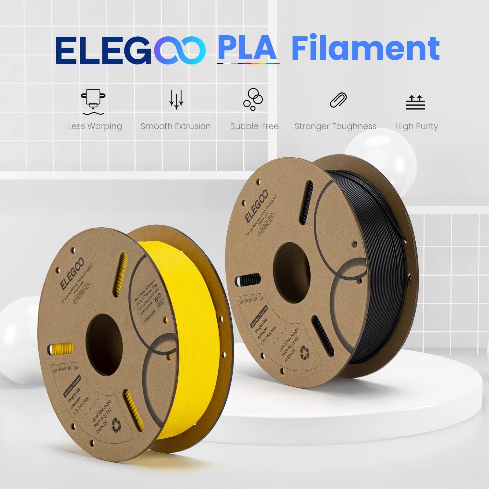 Elegoo Pla Filament 1.75Mm Black 2Kg, 3D Printer Filament Dimensional Accuracy +/  0.02Mm, 2 Pack 1Kg Cardboard Spool(2.2Lbs) 3D