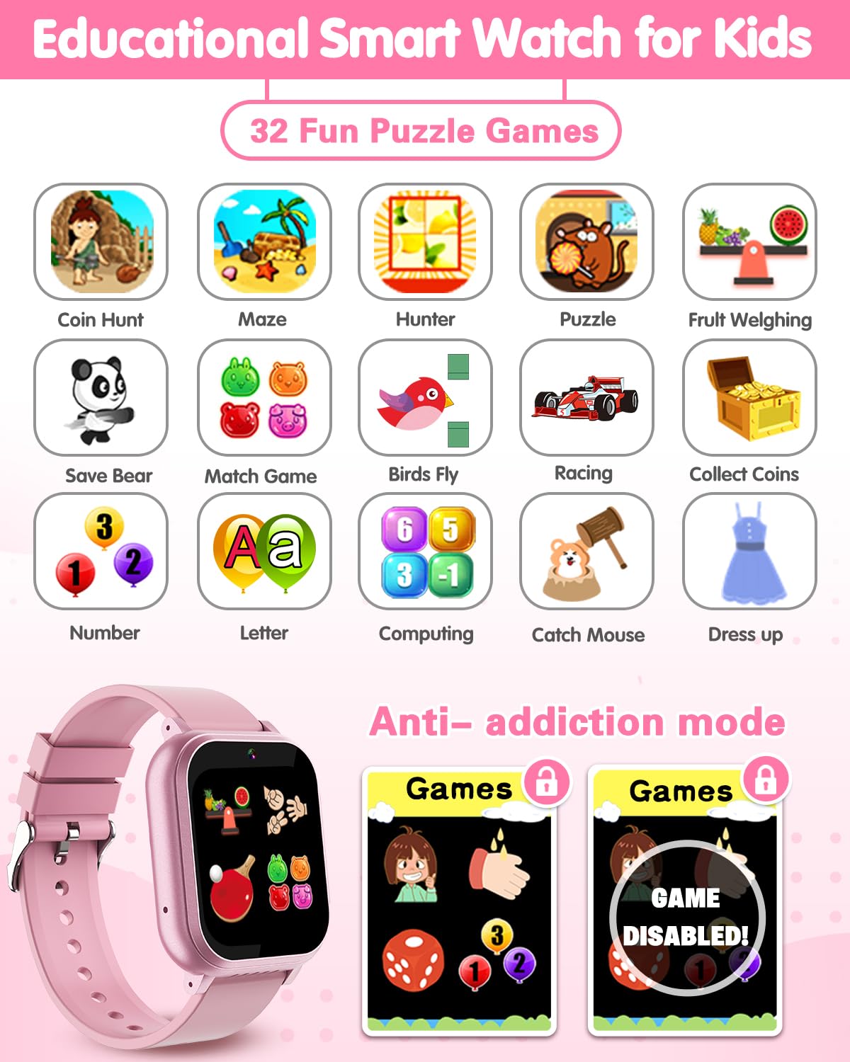 Kids Waterproof Smart Watch Girls Toys Age 6-8, Kids Watch With 32 Games Dual Camera Hd Touchscreen Music Habit Tracking Alarm P