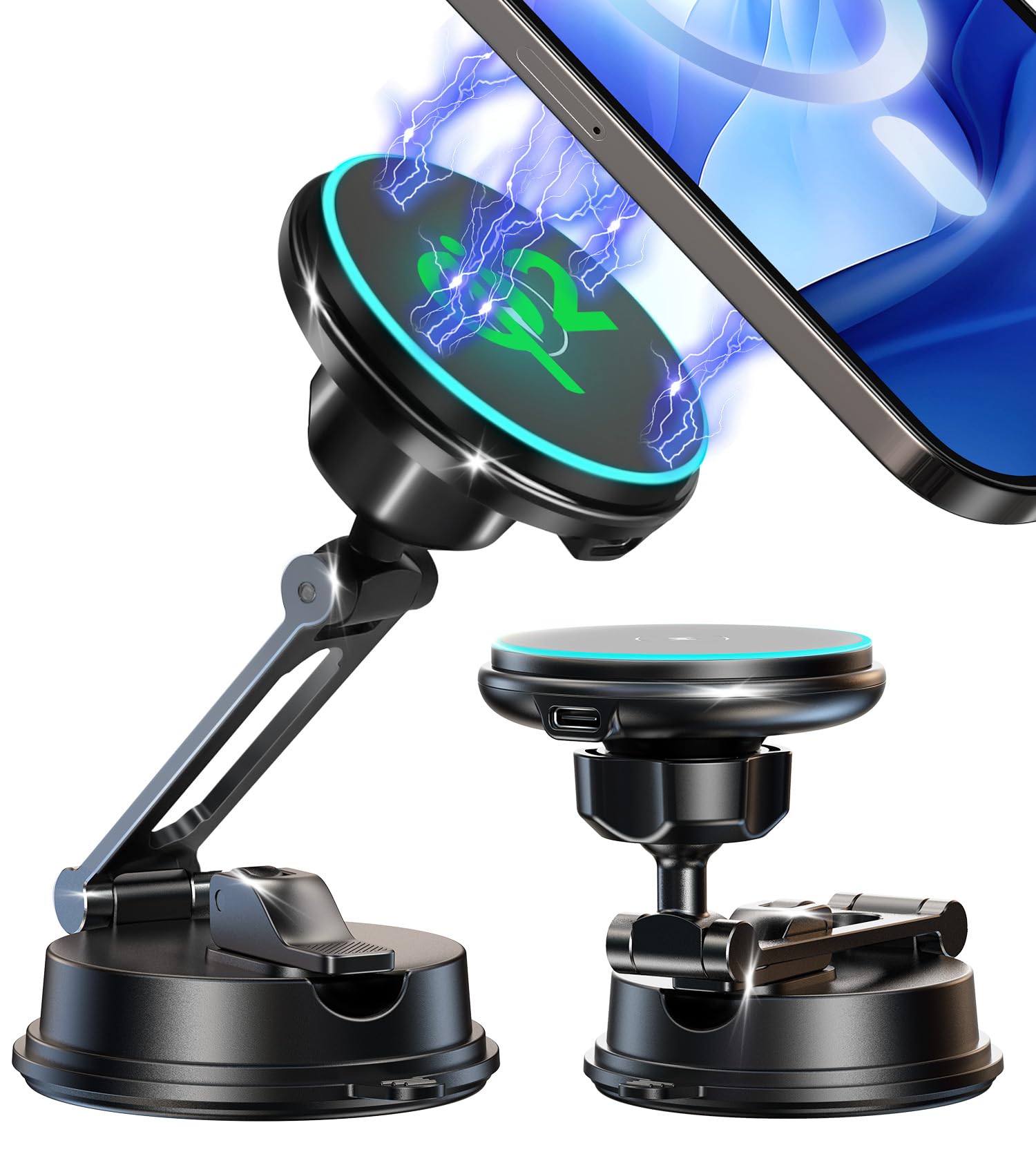 ?Vacuum Suction Folding Car Mount? Certified Qi2 Charger For Magsafe, 360 Adjustable Aluminum Alloy Arm, Phone Holder For Tesla/