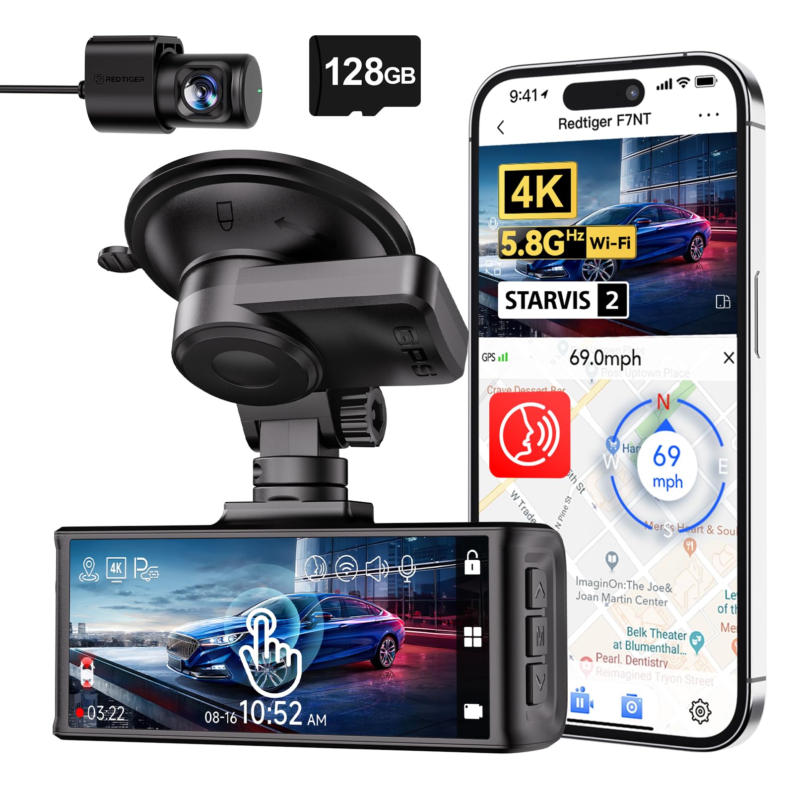 Redtiger 4K Dash Cam Front And Rear, Starvis 2 Sensor, Touch Screen 3.18'', 128Gb Card Included, Voice Control, 5.8Ghz Wifi Car