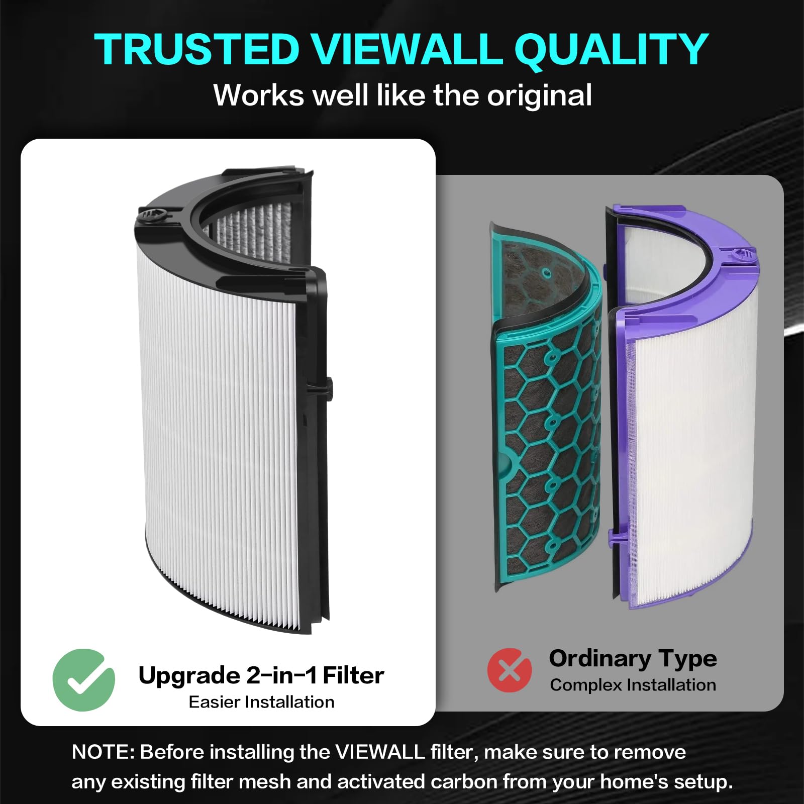 VIEWALL 360° Combi Glass True H13 HEPA + Carbon Filter for Dyson TP10 HP10 HP09 TP09 HP07, 2-in-1, Black, 9.6