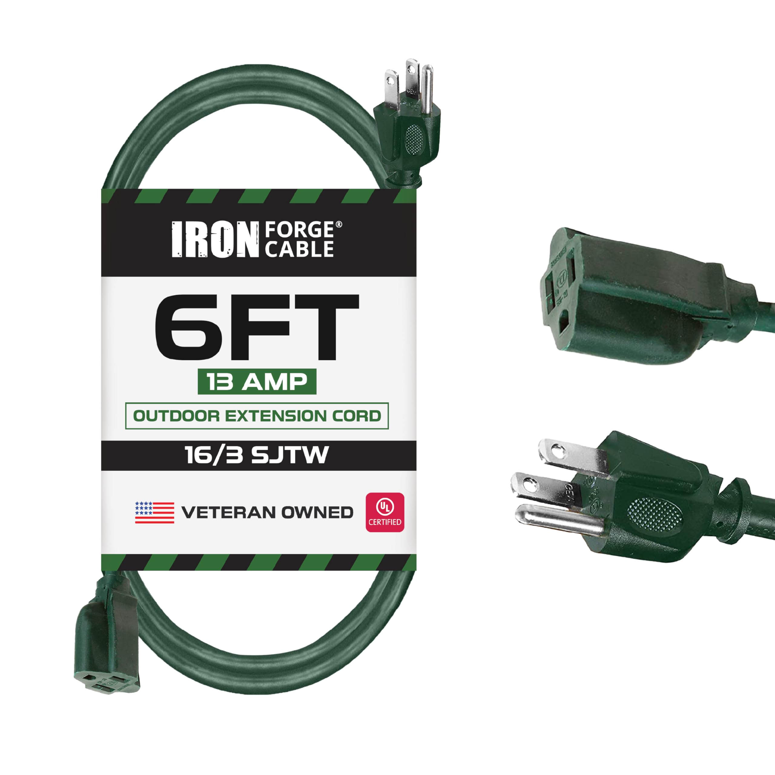 Iron Forge Cable Weatherproof Outdoor Extension Cord 6 Ft, 16/3 Sjtw Heavy Duty Green Extension Cord 3 Prong, 13 Amp Power Cable