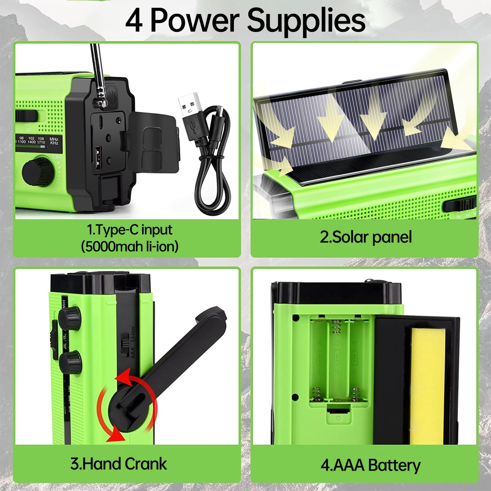 5000Mah/18500Mwh Emergency Hand Crank Radio With 2 Solar Panels,Portable Am Fm Noaa Weather Radio,Rechargeable Battery Powered R