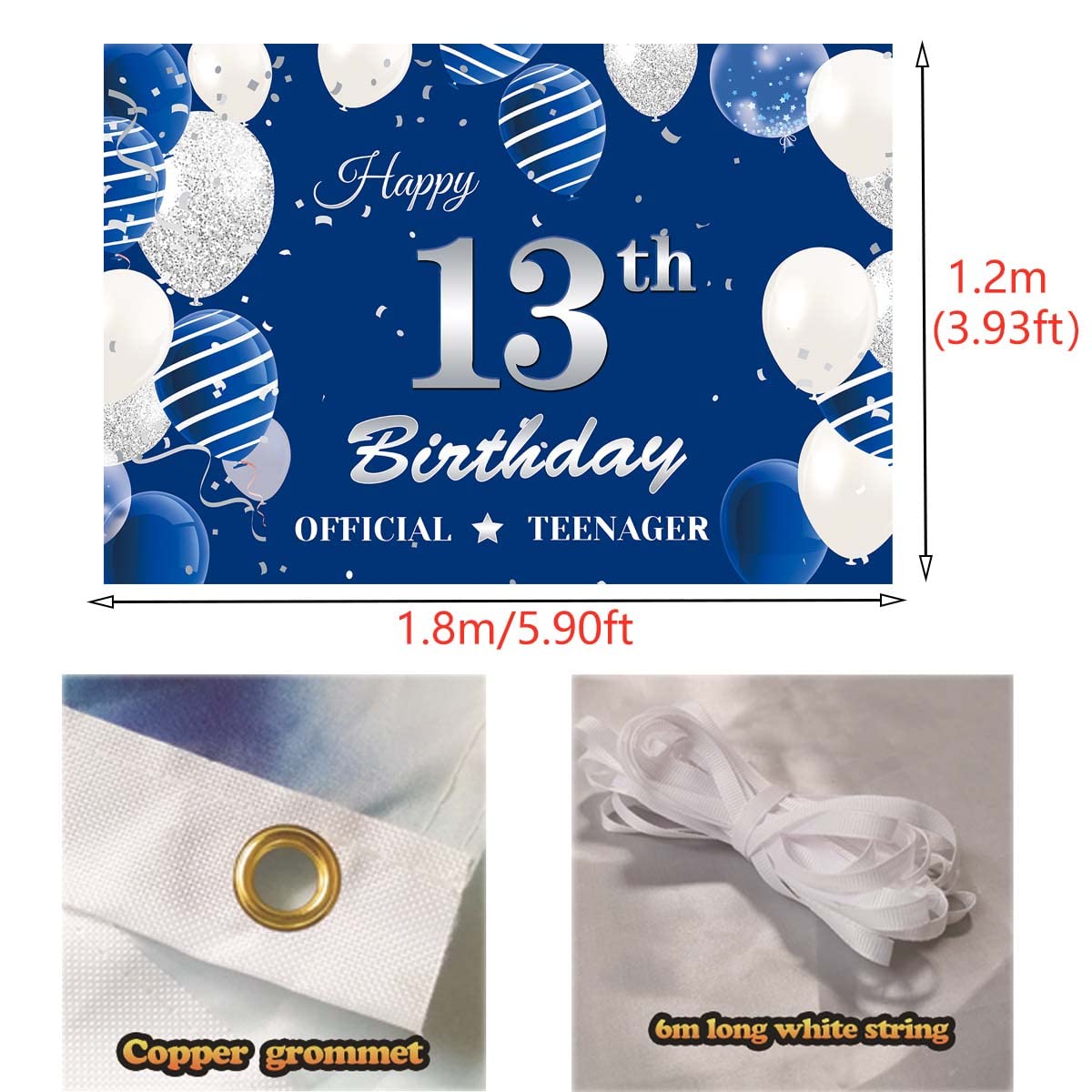 Official Teenager 13Th Birthday Backdrop Banner, Silver Blue 13Th Birthday Photography Background, Happy 13Th Birthday Decoratio