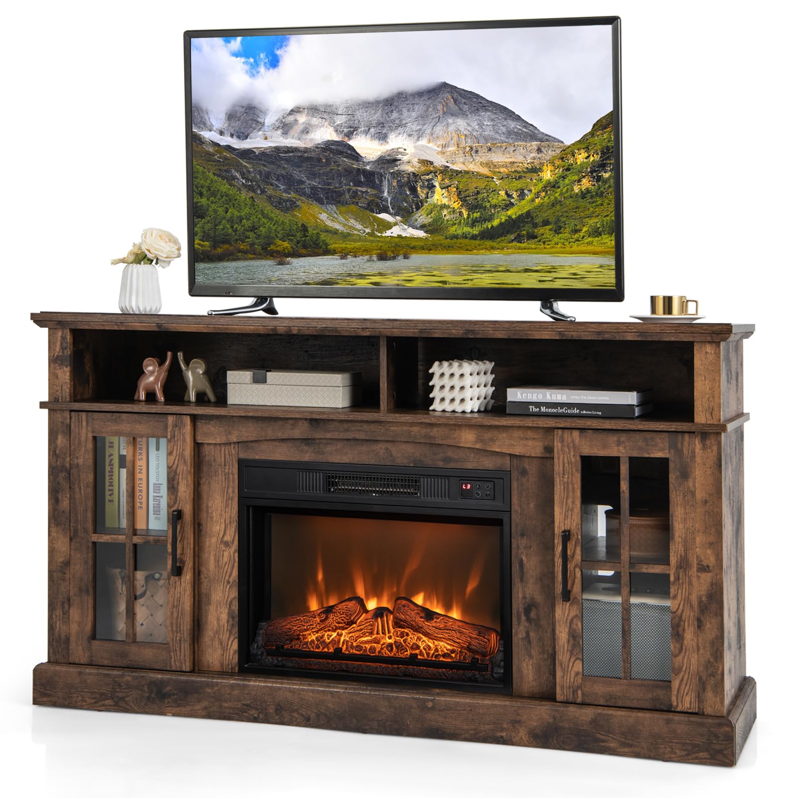 Goflame 58'' Tv Stand With Electric Fireplace Insert, Fireplace Entertainment Center With Side Cabinets & Adjustable Shelves, Ov