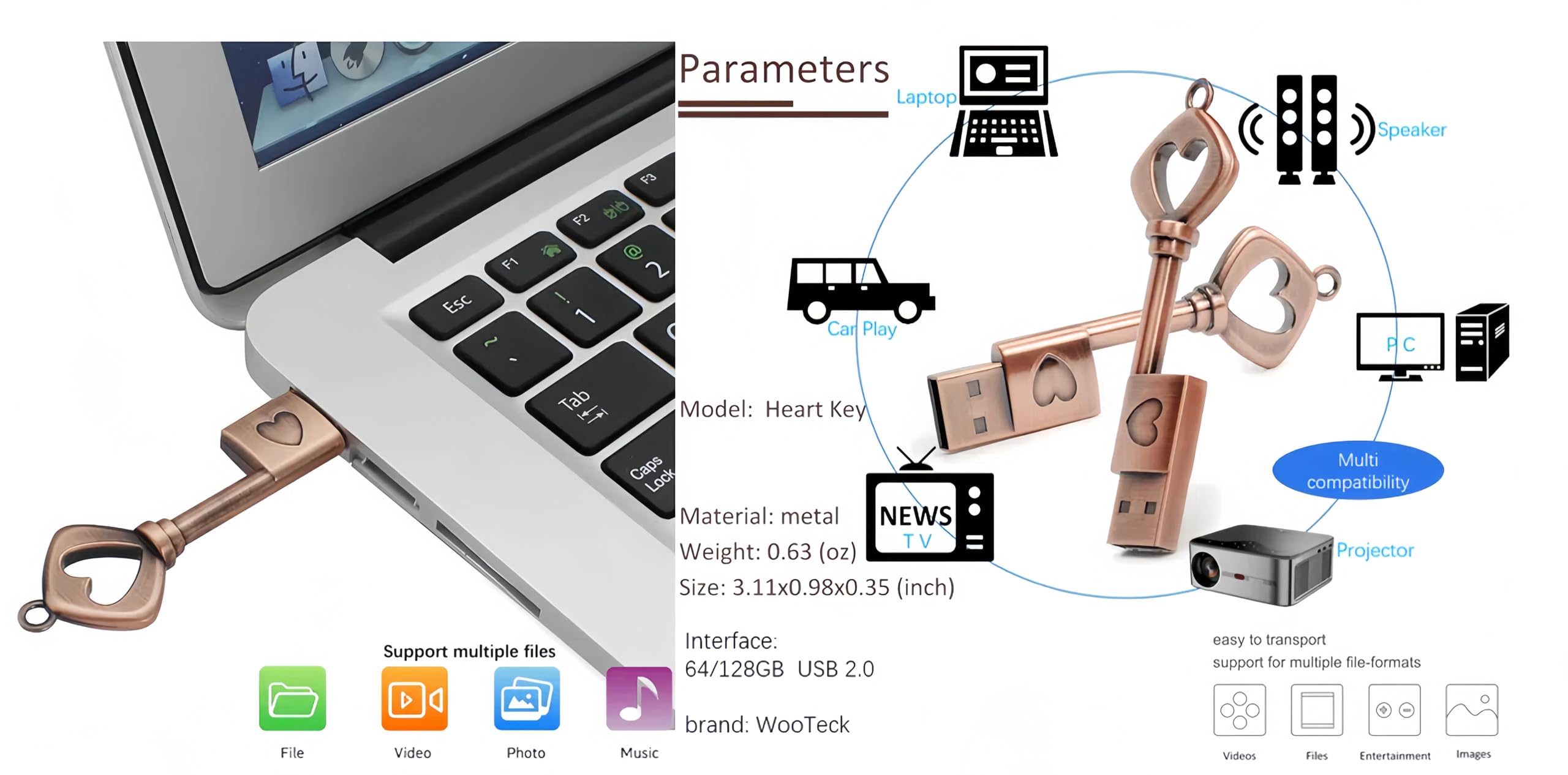 Wooteck 64Gb Heartkey Usb Flash Drive Metal Key Heart Data Storage