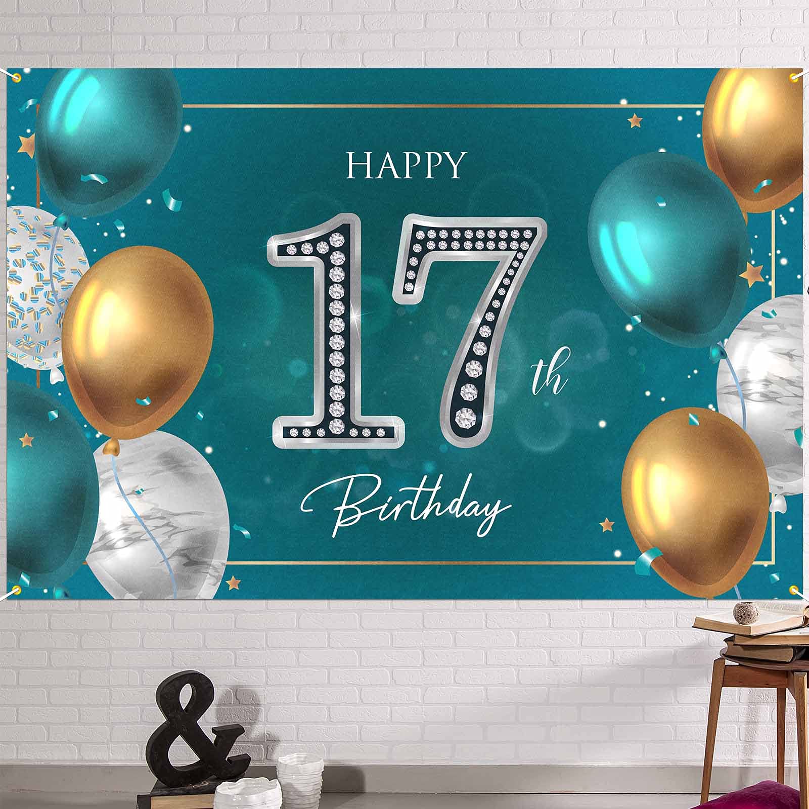 Hamigar 6X4Ft Happy 17Th Birthday Banner Backdrop   17 Years Old Birthday Decorations Party Supplies For Girls Boys   Green Silv