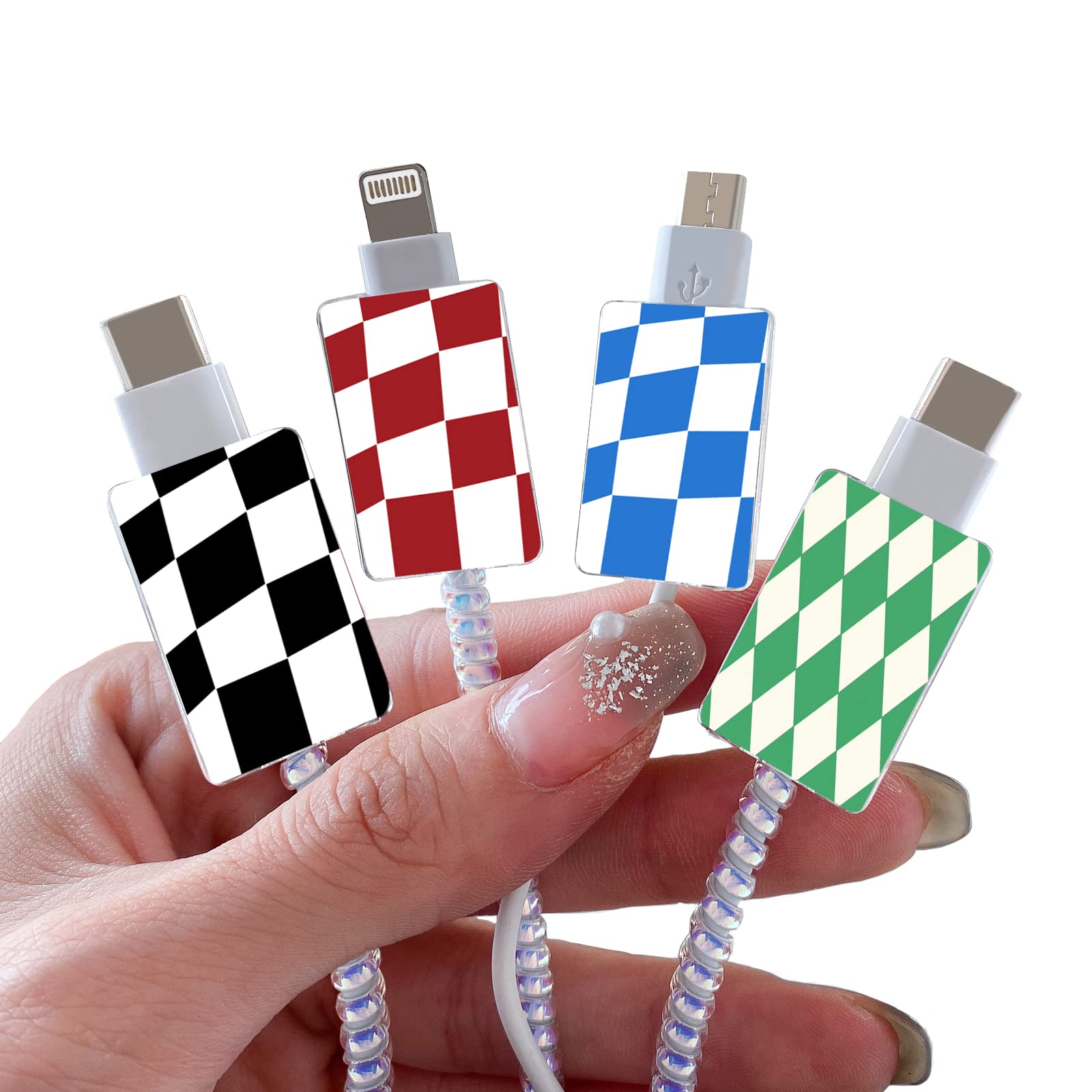 Cute Cable Protector For Iphone Charger, Kawaii Funny Colorful Checkerboard Pattern 4 Pcs Set Cable Protector For Women Girls,Ch