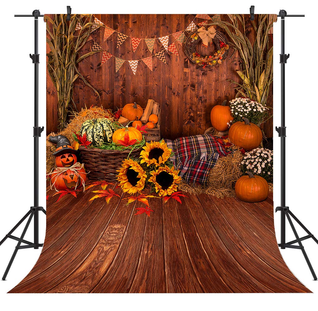 Ouyida 5X7Ft Fall Thanksgiving Wooden Floor Barn Autumn Pumpkins Maple Leaves Sunflower Baby Portrait Party Halloween Decoration Vinyl Photography Backdrop Photo Booth Background Studio Prop Tp295