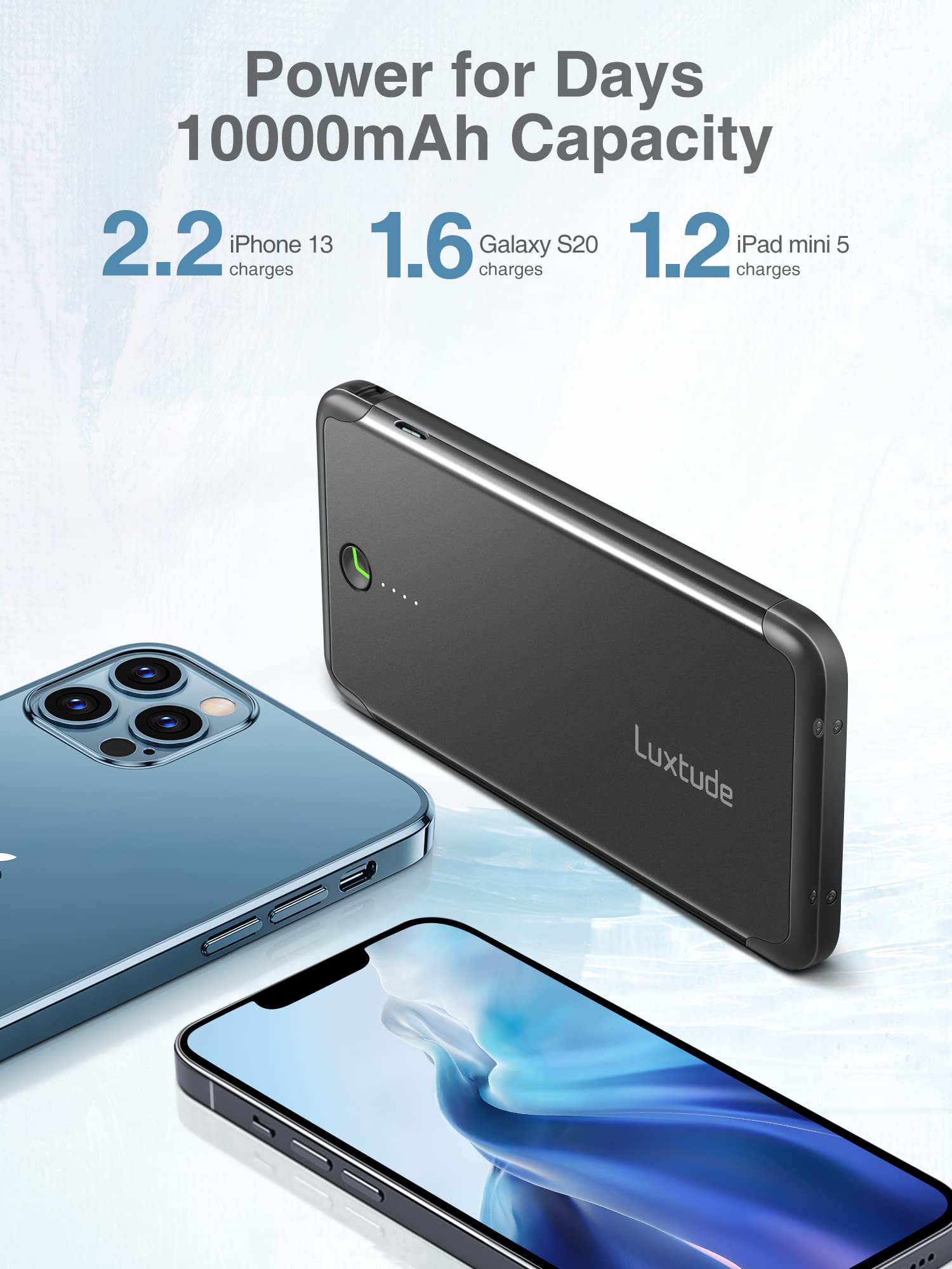 Luxtude 10000Mah Portable Charger For Iphone Built-In Lightning Cable, Mfi Apple Certified Slim Power Bank Portable Phone Charge