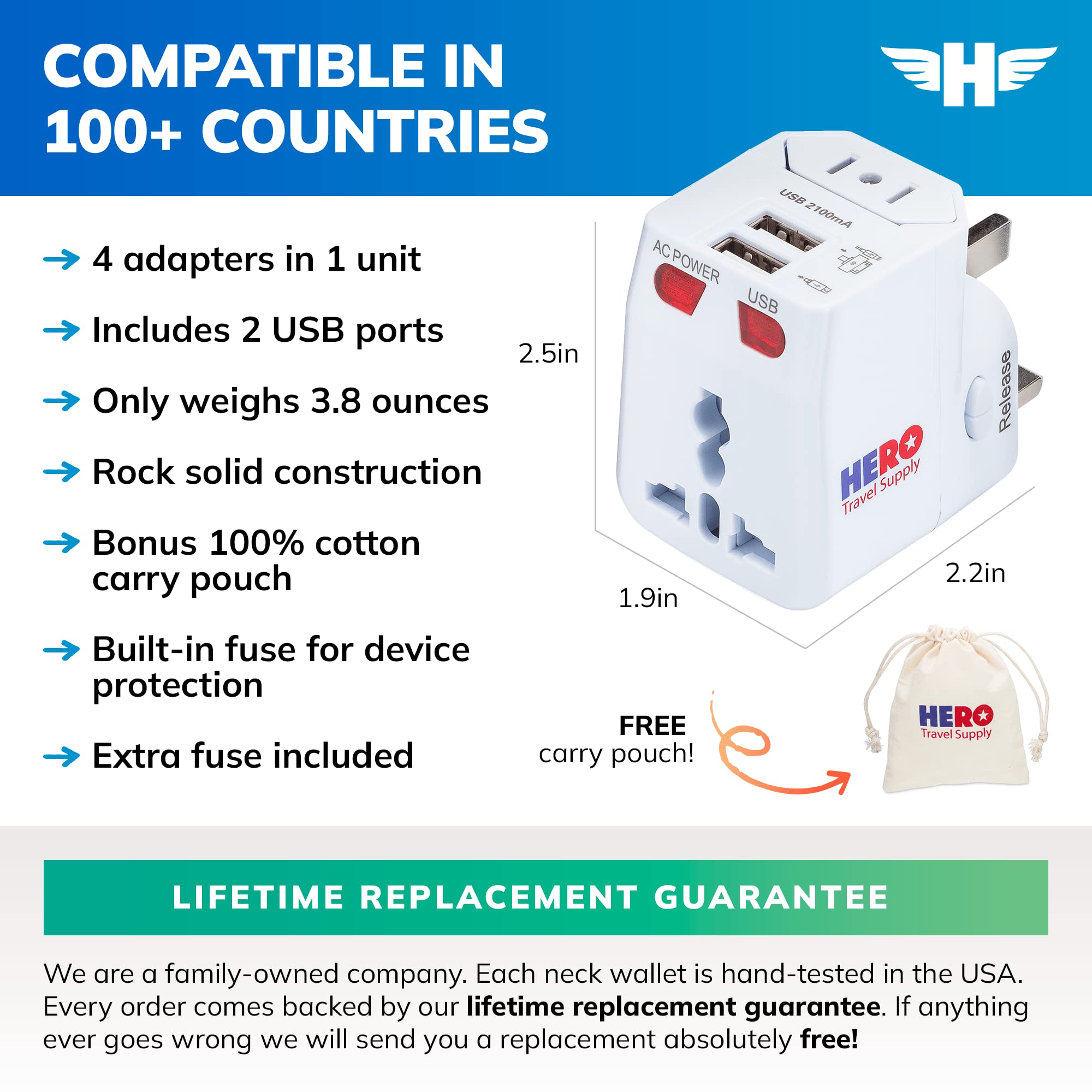 Hero Travel Supply Premium US to UK Power Adapter Plug, Type G, 3 Pack, Grounded, White