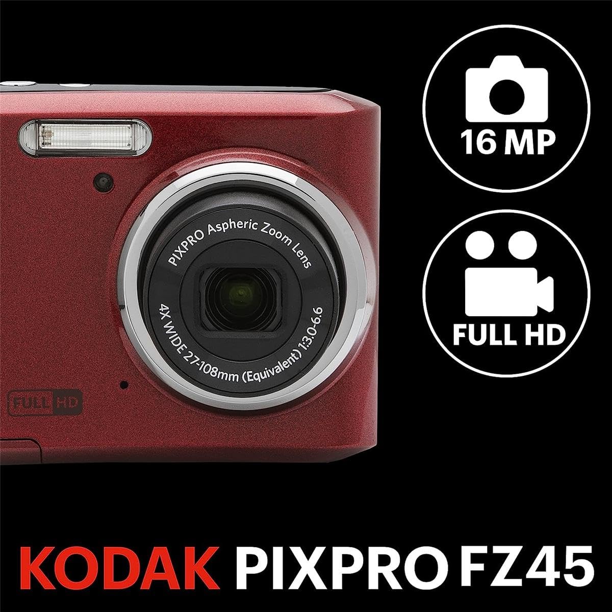 Kodak Pixpro Fz45 Friendly Zoom 16Mp Full Hd Digital Camera, Red, Bundle With 32Gb Memory Card And Camera Bag