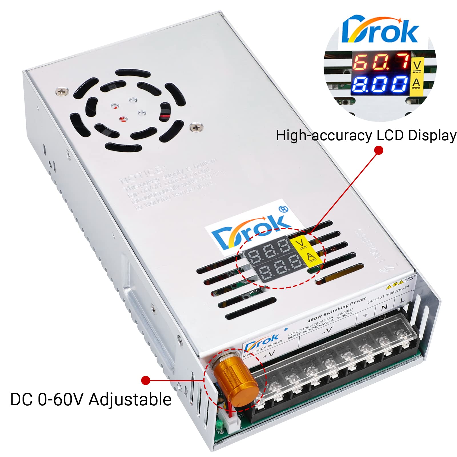 Drok 60V Power Supply, Ac 110V 220V To Dc 0 60V 8A 480W Buck Converter Dual Display, Variable Adjustable Adapter Regulated 5V 12