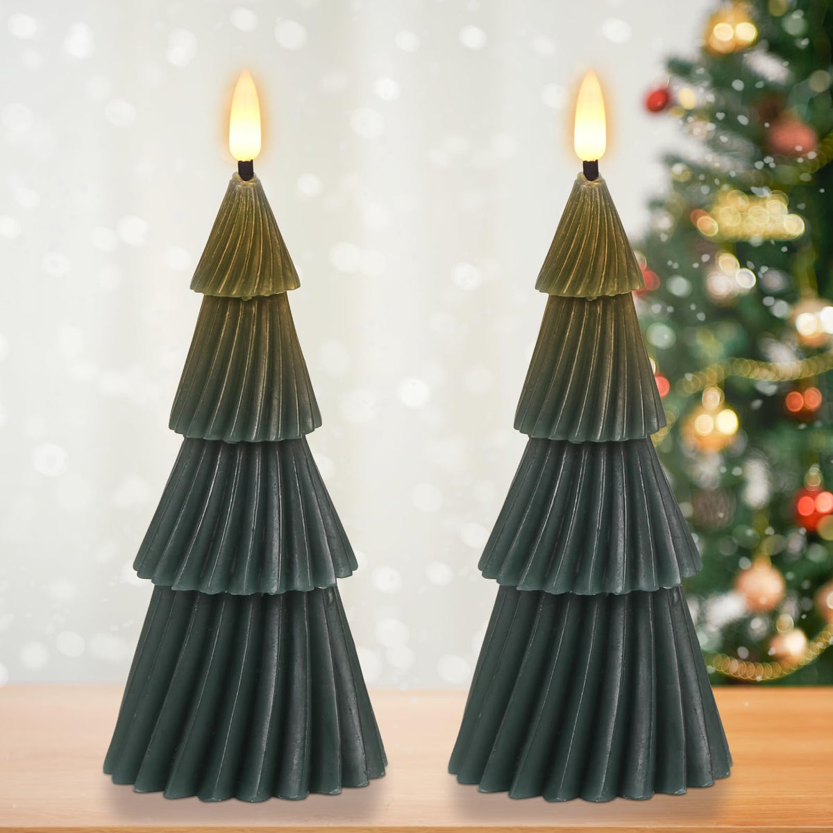 Eldnacele Stripe Christmas Tree Flameless Candle With 6 Hour Timer, Battery Operated(Included) 3D Wick Flickering Real Wax Green