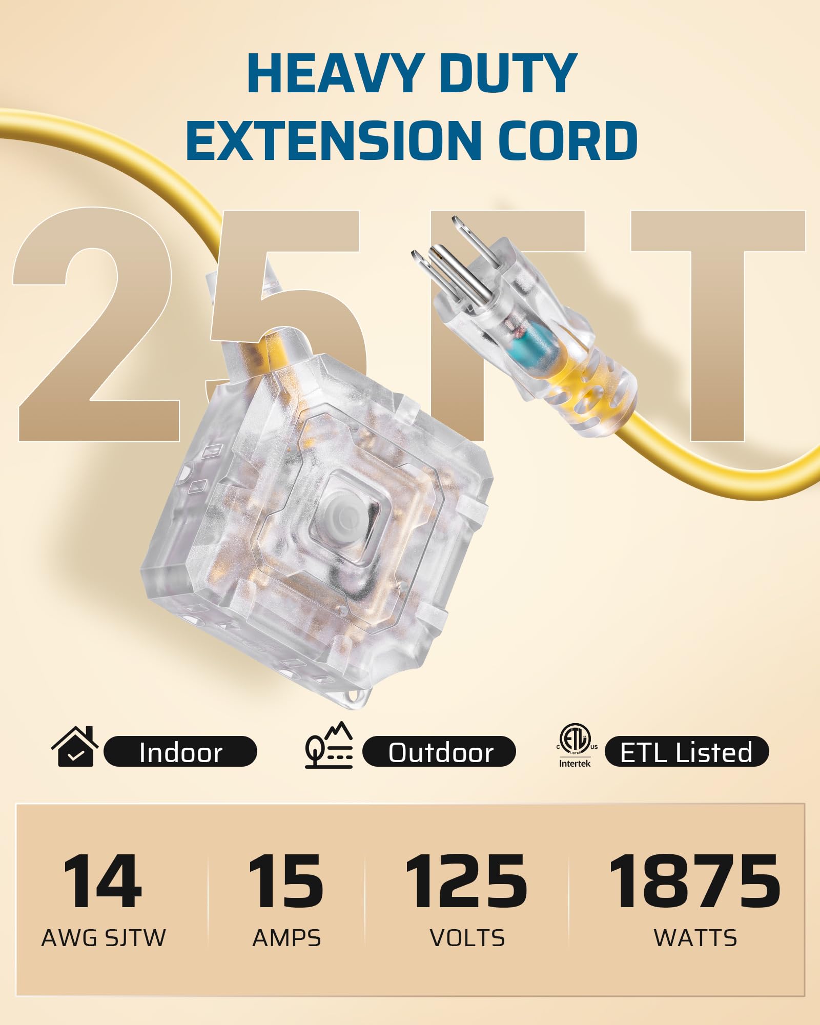 Dewenwils 25Ft Outdoor Heavy Duty Extension Cord, 14 Awg Sjtw Power Cord With Dust Proof & Waterproof Switch, 6 Outlets Transpar