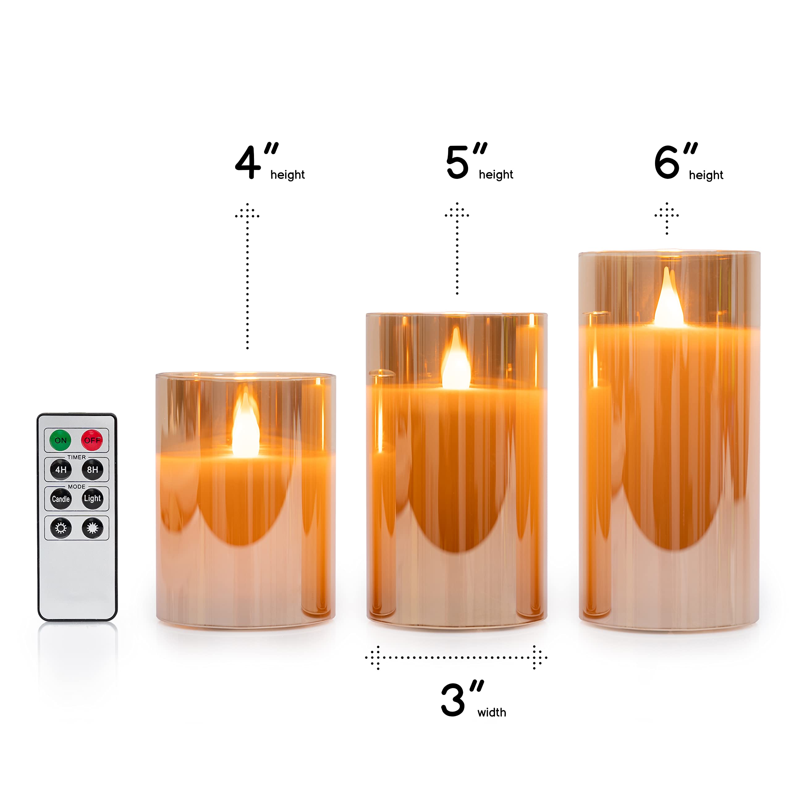 Wyzworks Gold Metallic Led Tinted Glass Mirrored Flickering Flameless Pillar Candles, Set Of 3 W/Remote Control, Timer, Realisti