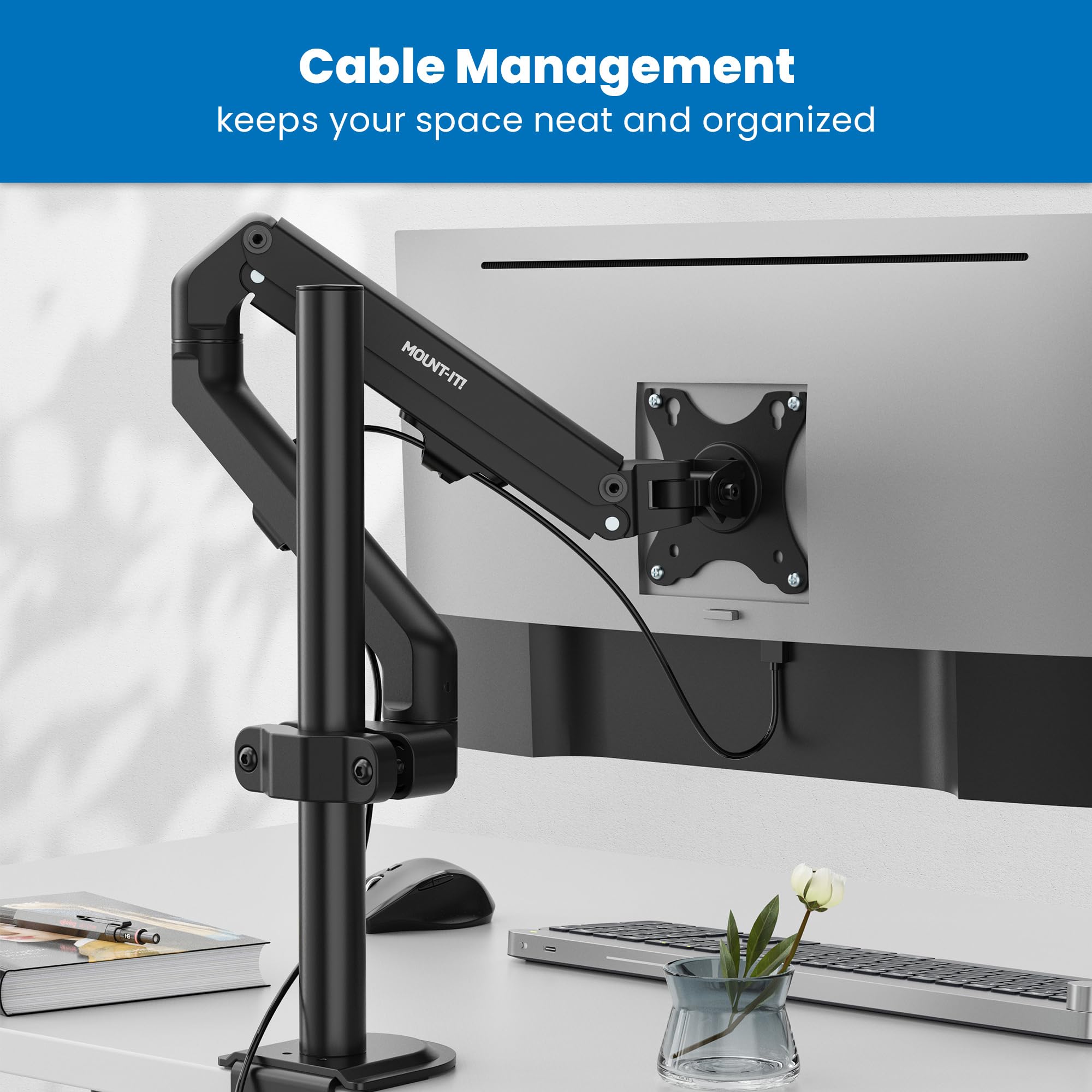 Mount It! Single Monitor Wall Mount, Computer Monitor Wall Mount Monitor Arm, Vesa 100x100 75 x 75   Pole Mounting, Full Motion Vesa Wall Mount for 17' to 32' Screens, Curved Monitors, 15.4 lb max