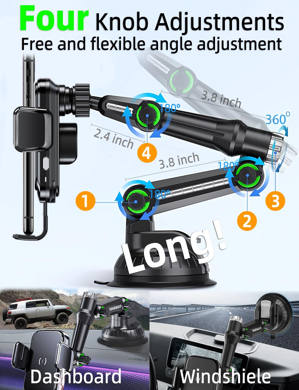 Wckesi Wireless Car Charger Phone Holder Mount For Truck,?10-Inch Long Arm ? Pickup Truck Phone Holder Qi2 15W Fast Charging Hea