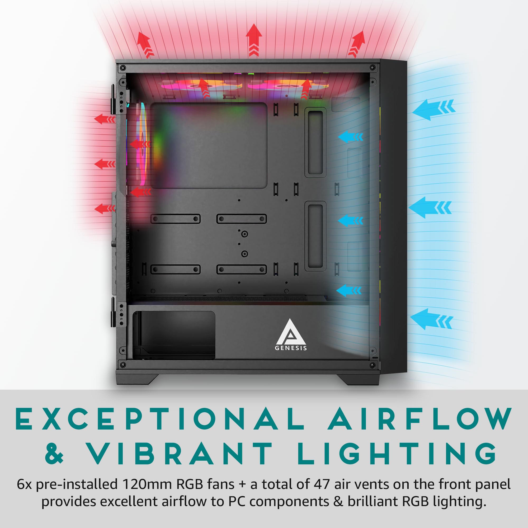 Apevia Genesis Pro G Pro Bk Mid Tower Gaming Case With 2 X Tempered Glass Panel, Top Usb3.0/Usb2.0/Audio Ports, 6 X Rgb Fans, Bl