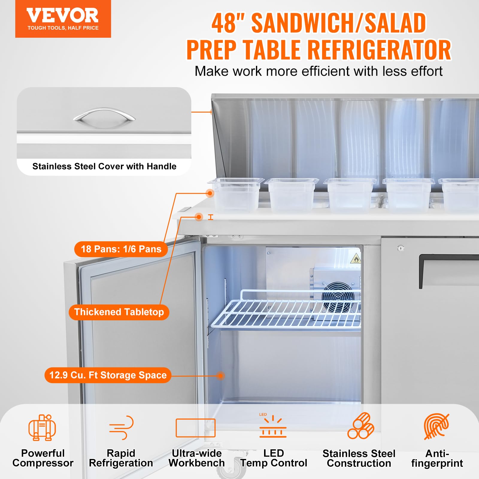 Vevor Commercial 28'' W Sandwich/Salad Prep Table Refrigerator, 7.42 Cu. Ft Stainless Steel Food Prep Station Cooler, Fan Coolin