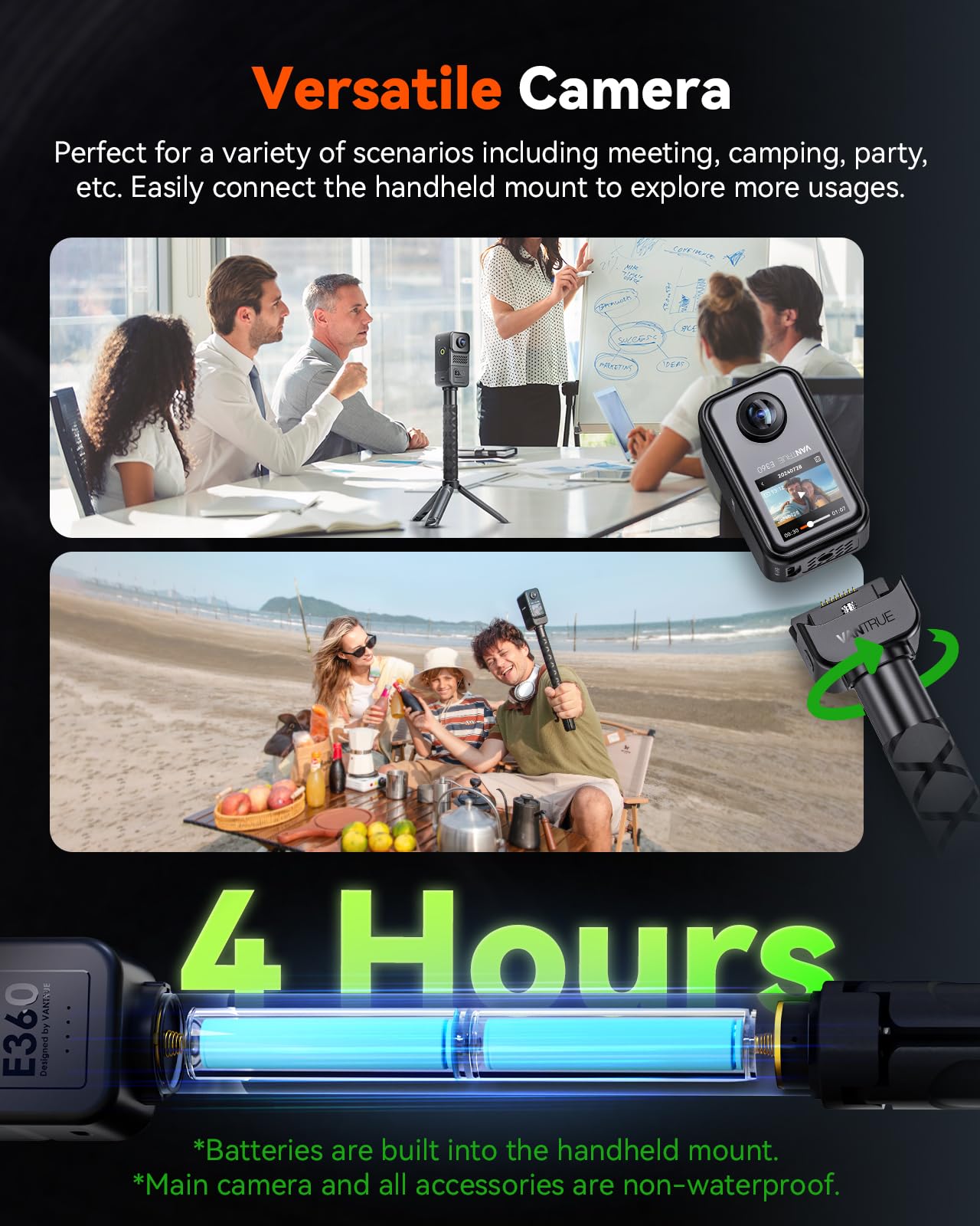 Vantrue E360 Ace 5.2K 360 Panoramic Wifi Dash Cam, Handheld Action Camera, Starvis 2, Hdr, Ir Night Vision, Front Rear Inside Da