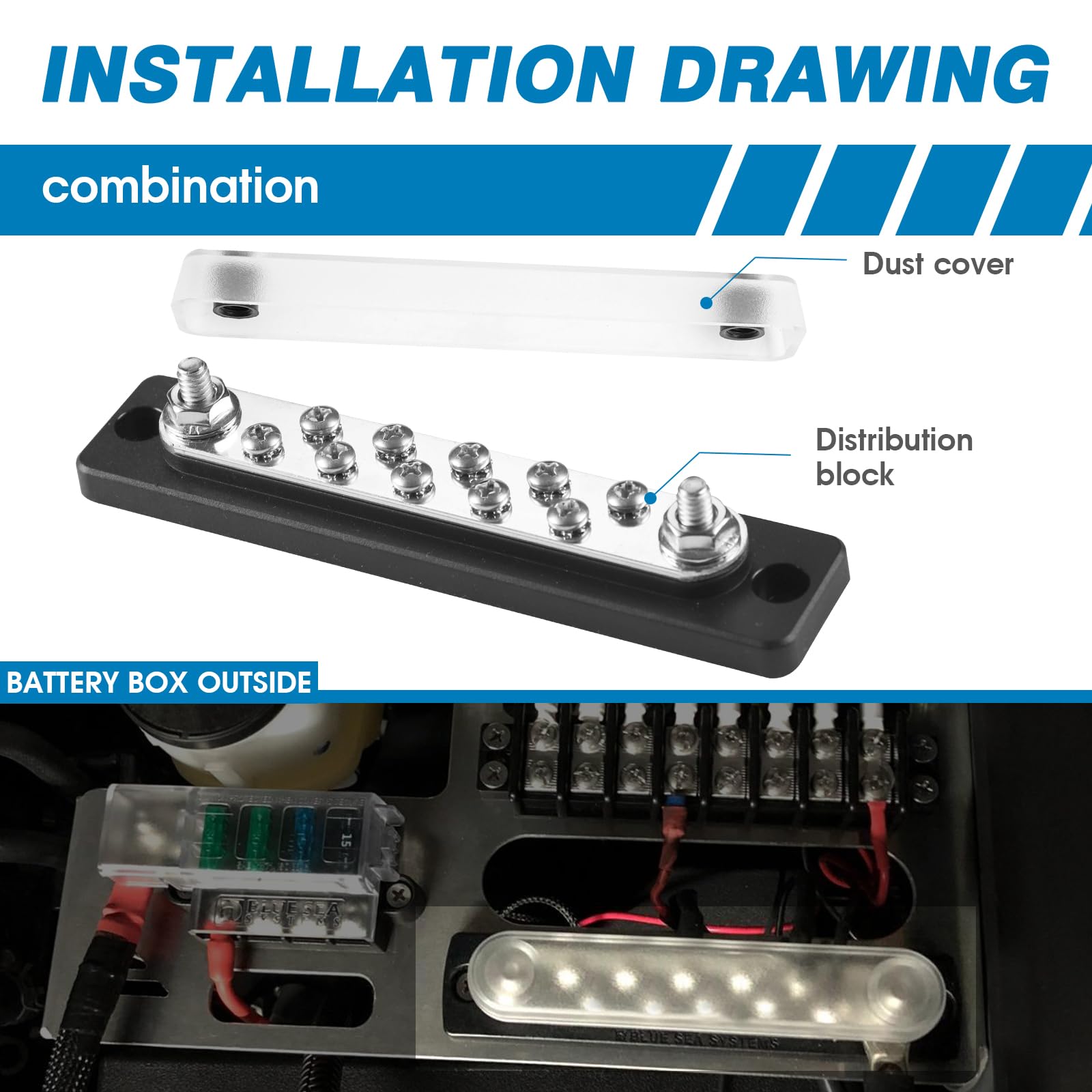 Gloso Common Bus Bar 3/8    Power Distribution Block Marine Busbar Battery Terminal Distribution Block 150 Amp Rating 4P