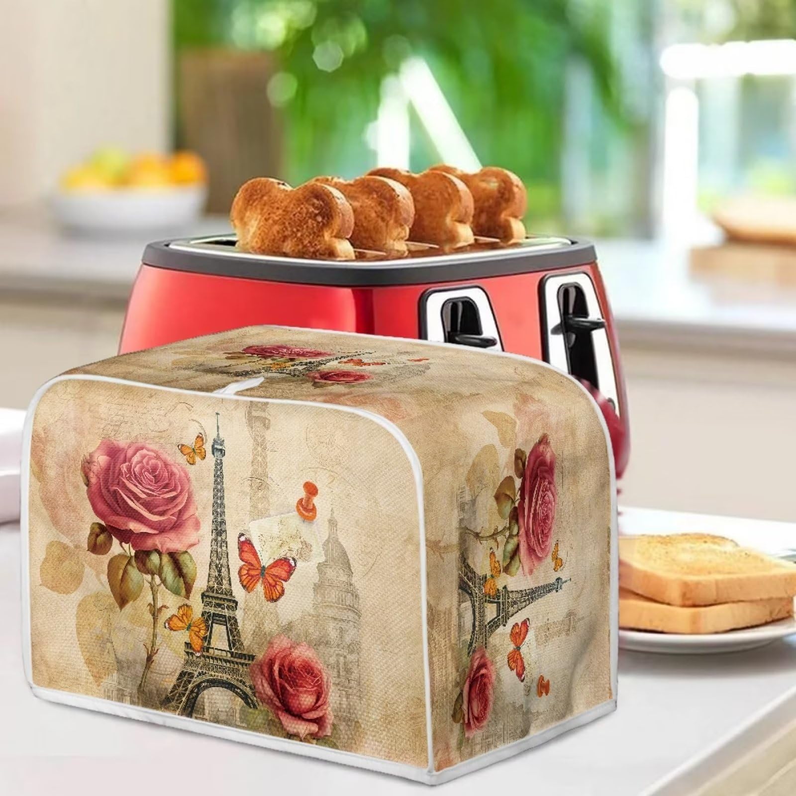 Talayituse Eiffel Tower Print Toaster Cover 4 Slice Bread Toaster Oven Covers Washable Rose Butterfly Toaster Cover Kitchen Smal