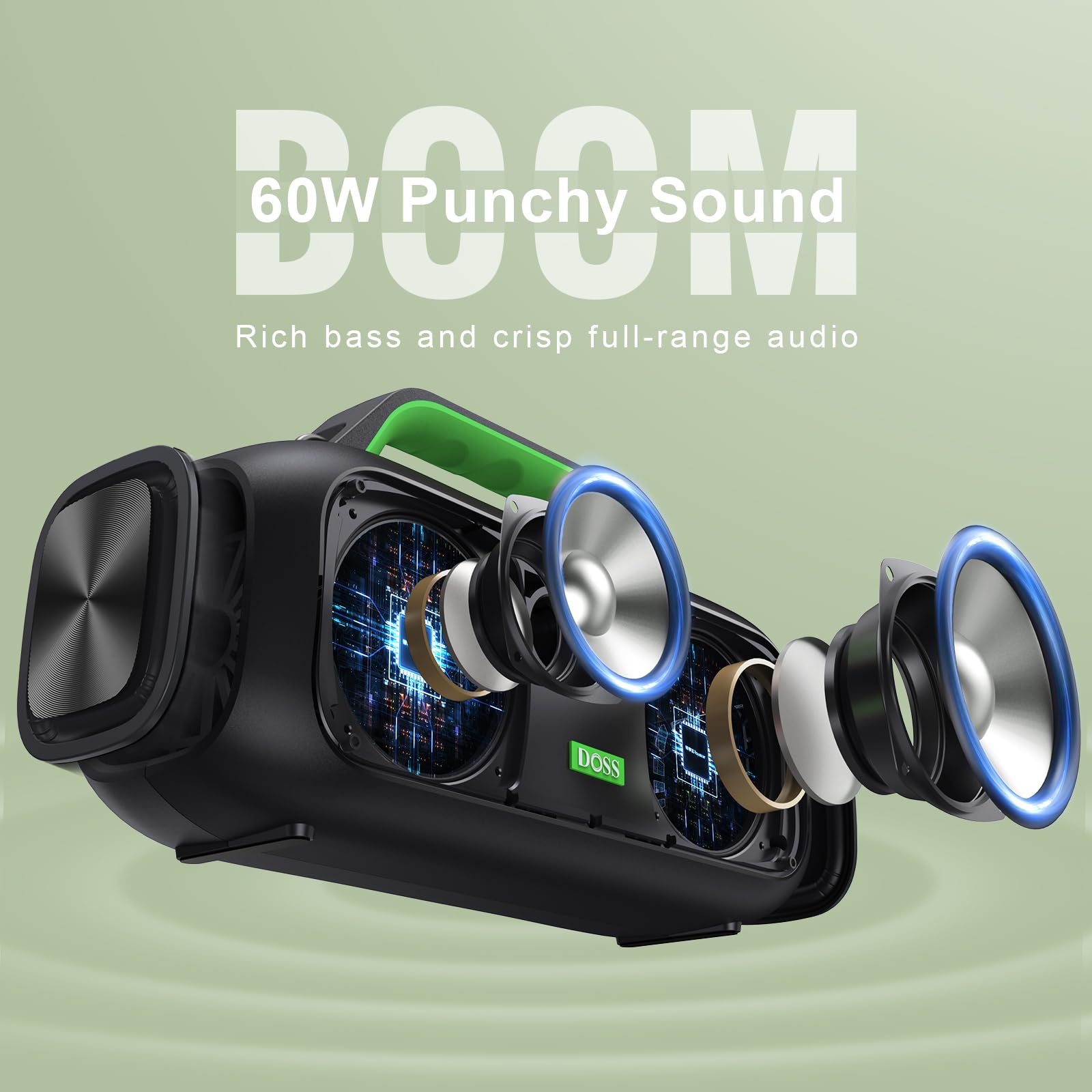 Doss Extreme Boom Bluetooth Outdoor Speaker With 60W Mighty Sound, Deep Bass, 30H Playtime,10400Mah Power Bank, Ipx6 Waterproof With Portable Strap For Camping, Beach, Garage Green