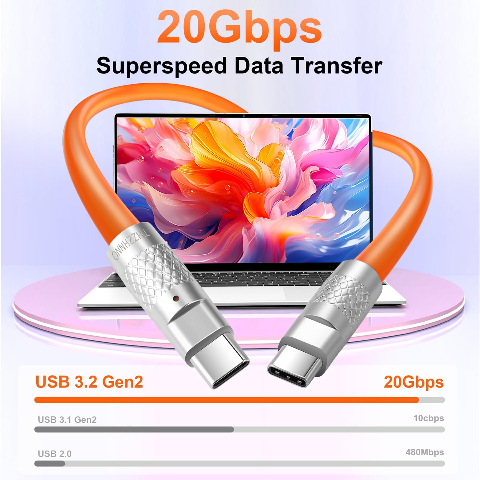Thzzhnno 10FT Liquid Silicone USB 3.2 Gen2 20Gbps Cable, USB C to USB C, 4K@60Hz, PD 100W, Compatible