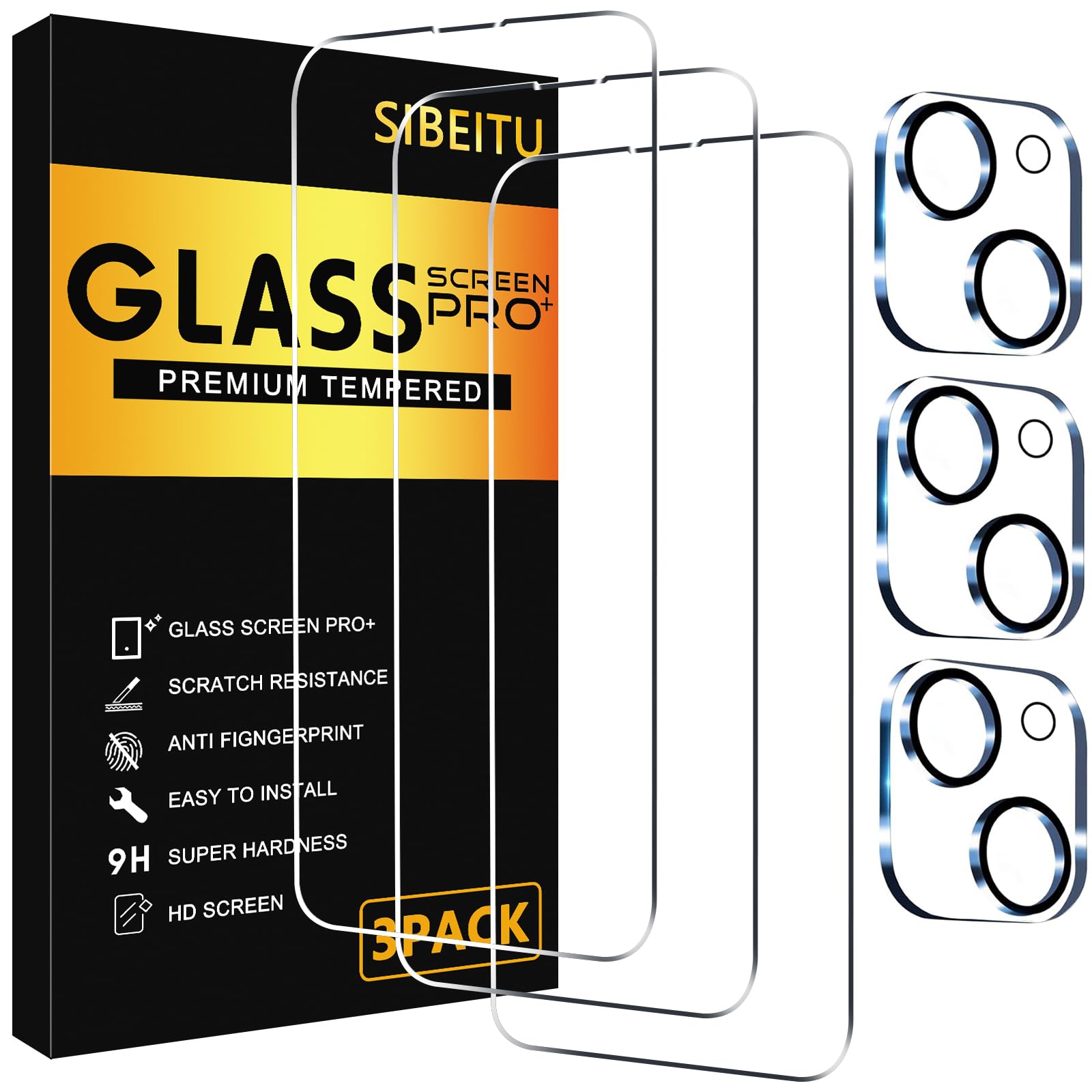 Sibeitu 3 Pack Screen Protector For Iphone 15 With 3 Pack Camera Lens Protector, 6.1 Inch Hd Clear 9H Hardness Tempered Glass Fi