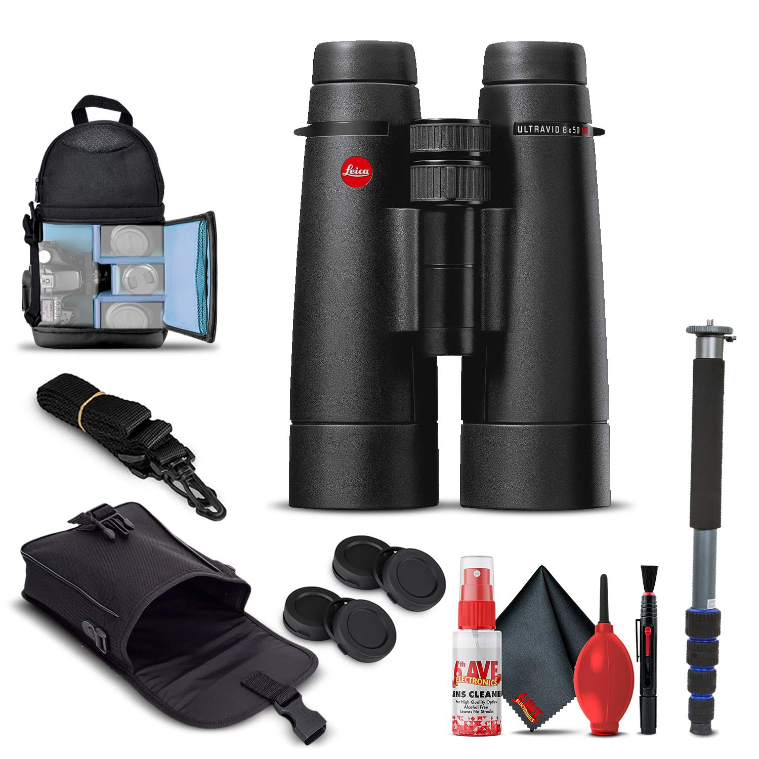 Leica 8x50 Ultravid HD-Plus Binoculars (40095) + Backpack + Full Size Monopod + Cleaning Set + 2 x Cap Keeper + Neck Strap