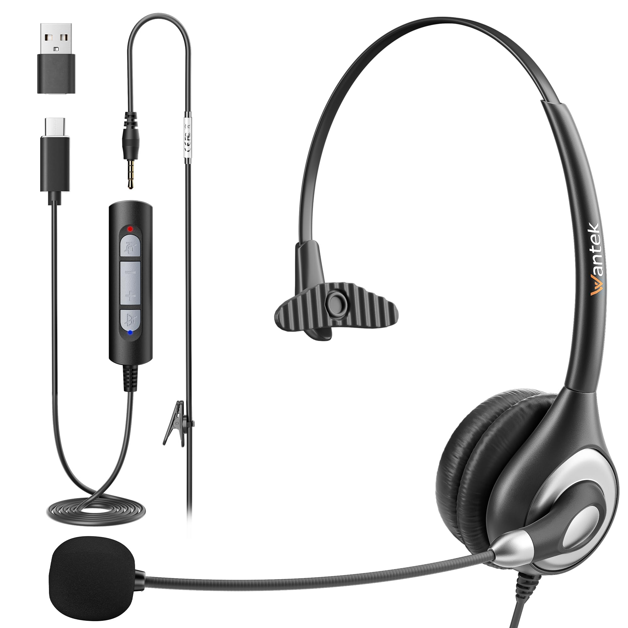 Wantek Headset with Microphone for PC, USB Wired Headphones - USB-C Over-Ear 3.5mm Headsets with Noise-Cancelling Microphone for