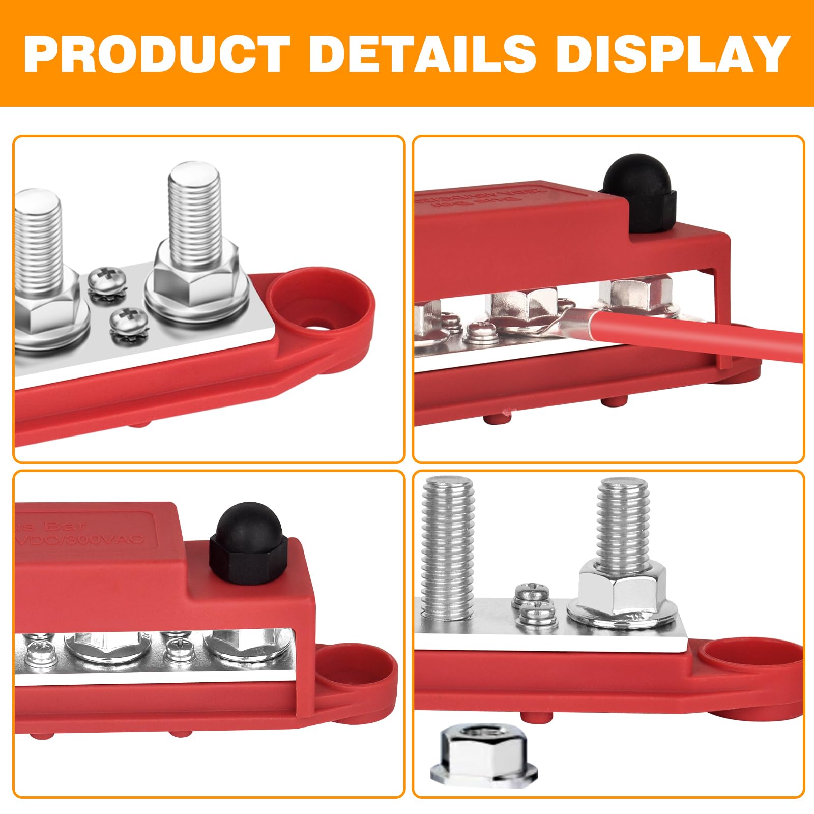 Yetlebox Power Distribution Block 12V 250A Bus Bar 4 X 5/16'' Stud Marine, 6 X #8 Screws Terminals Block (Pair   Red & Black)