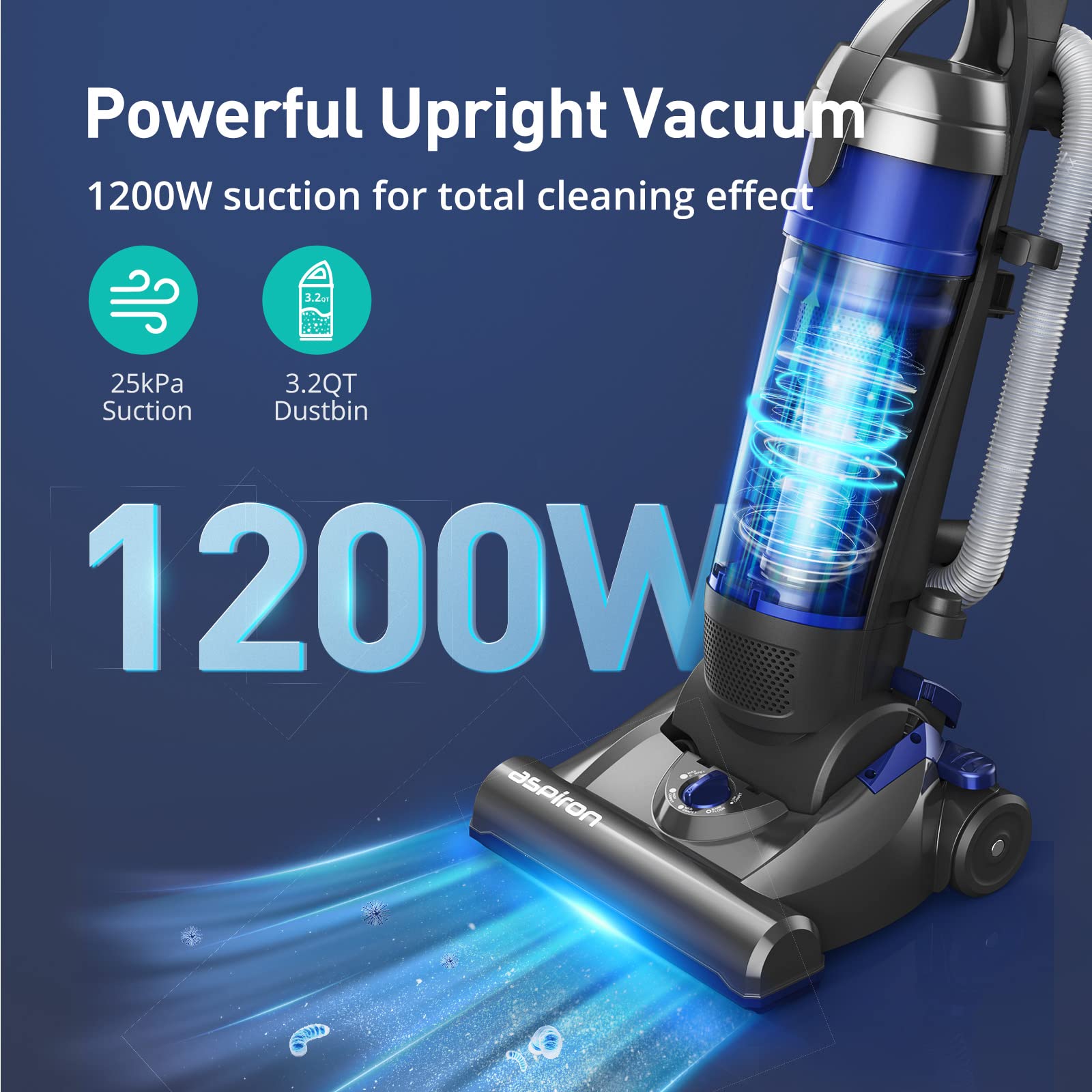Upright Vacuum Cleaner, Aspiron 1200W 25Kpa 5 Mode Bagless Vacuum Cleaner With Crevice Tool & Extension Wand,3L Dust Cup With He