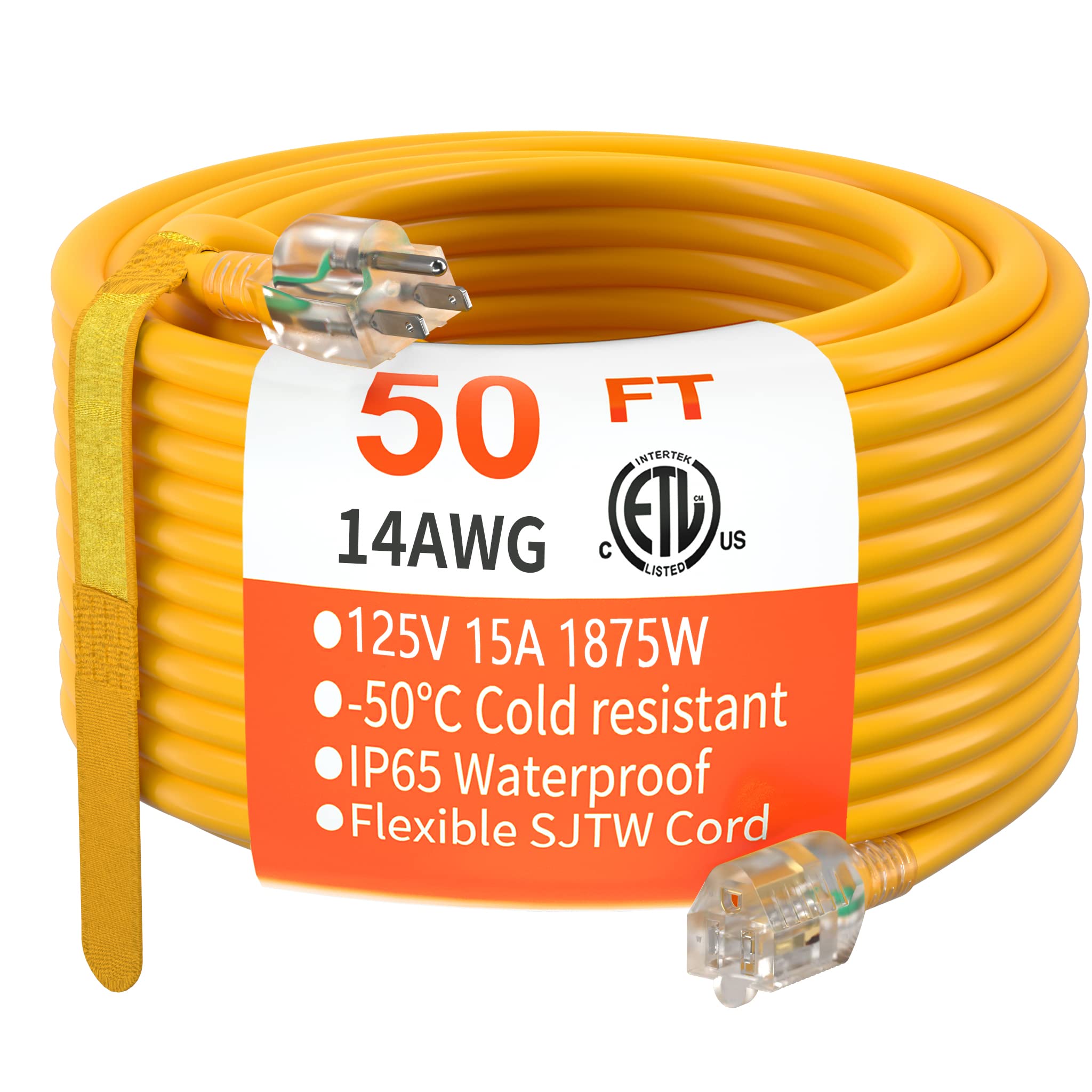 Huanchain 50 Ft 14/3 Gauge Heavy Duty Outdoor Extension Cord Waterproof With Lighted, Flexible Cold Weather 3 Prong Electric Cor