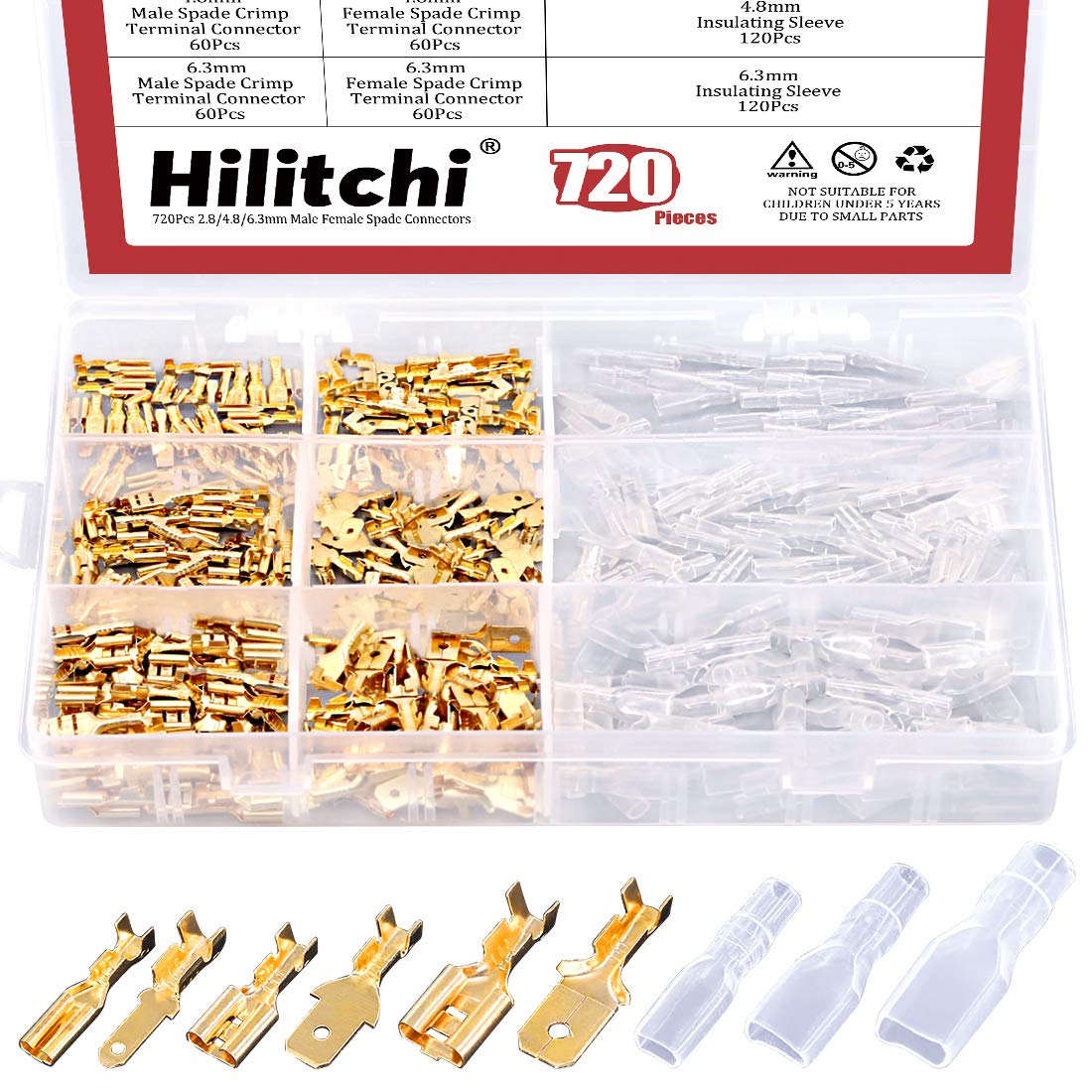 Hilitchi 720Pcs Gold Quick Splice Male And Female Wire Spade Connector Wire Crimp Terminal Block With Insulating Sleeve For Elec