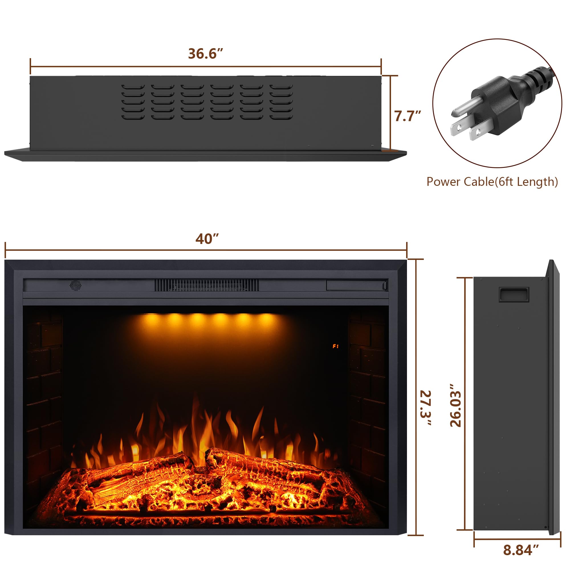 Valuxhome Electric Fireplace, 40 Inches Fireplace Insert, Electric Heater With Overheating Protection, Fire Crackling Sound, Rem