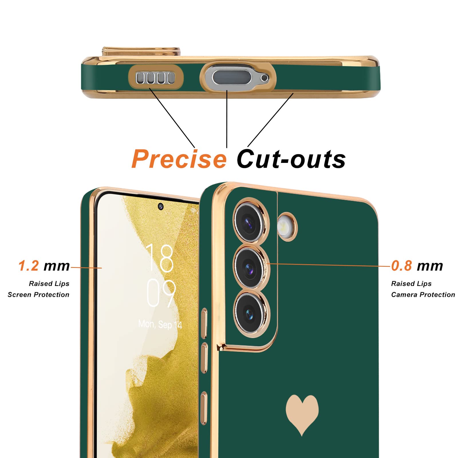 Teageo Samsung Galaxy S22 5G Case   Cute Love Heart Luxury Bling, Soft Silicone, Shockproof, Camera Protection, Darkish Green