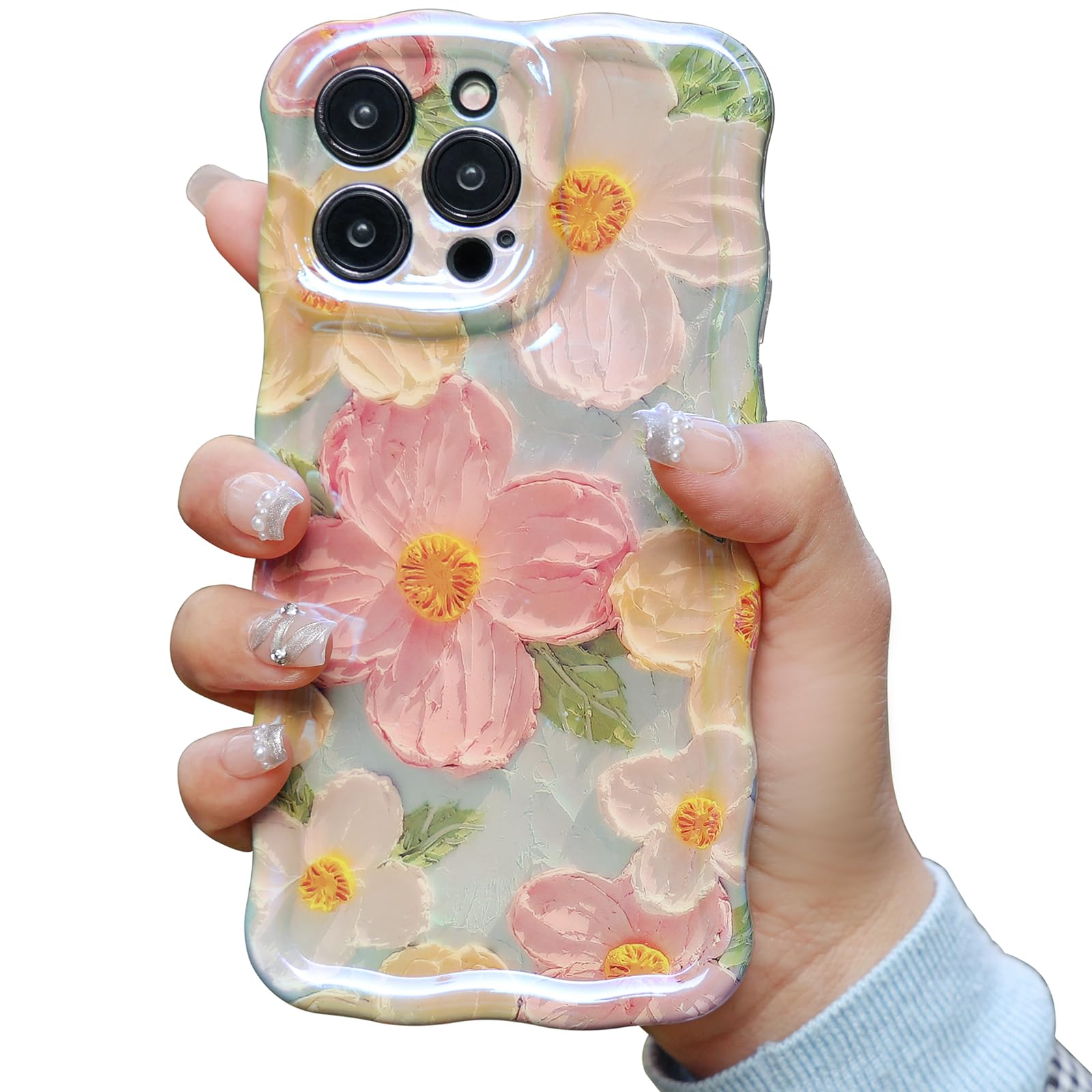 Mouzor Cute Case for iPhone 14 Pro Max, Colorful Retro Oil Painting Printed Flowers Case, Fashion TPU Laser Beam Glossy Pattern 