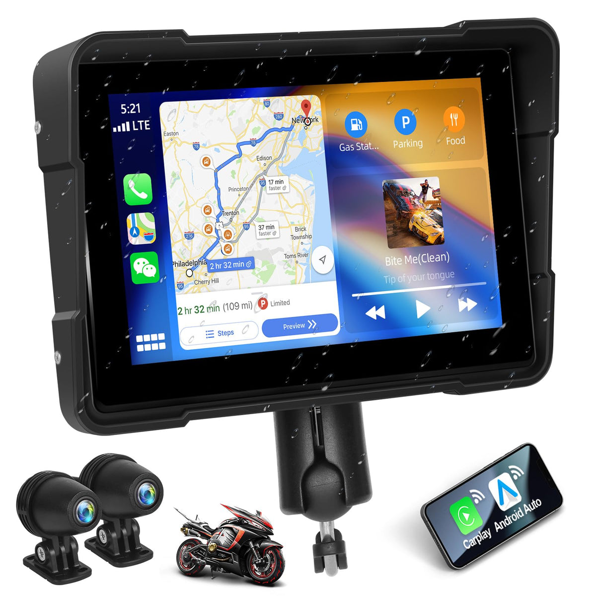Wireless Carplay&Android Auto Screen For Motorcycle,5'' Waterproof Touchscreen With Front&Rear Hd 1080P Camera,Portable Car Ster