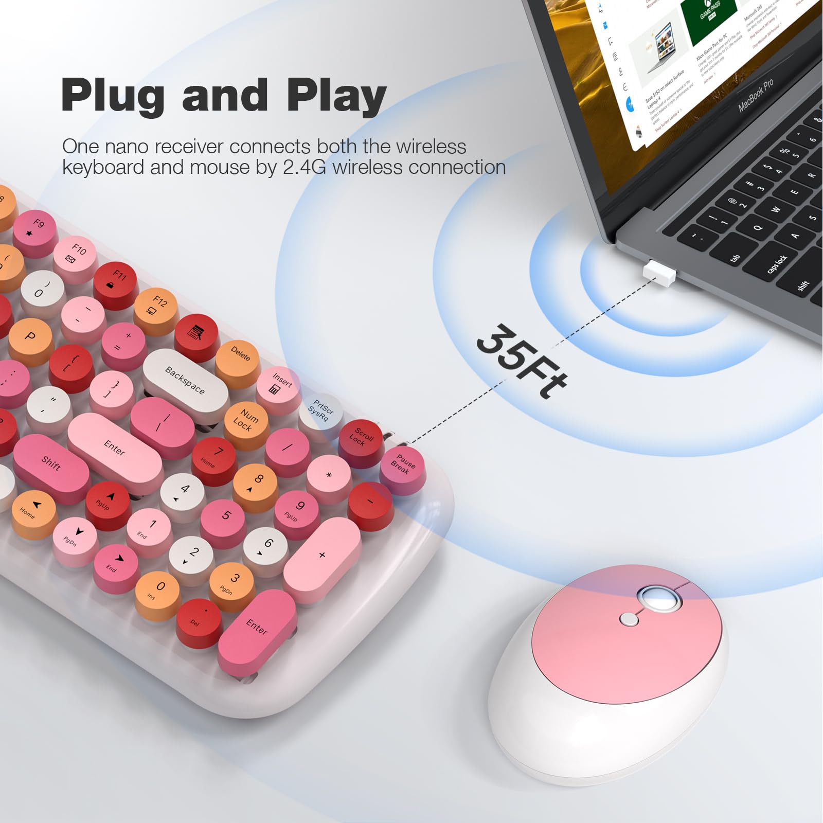 Knowsqt Wireless Keyboard And Mouse Combo, White Mixed 100 Keys 2.4 Ghz Round Keycap Typewriter Keyboards, Usb Receiver Plug And