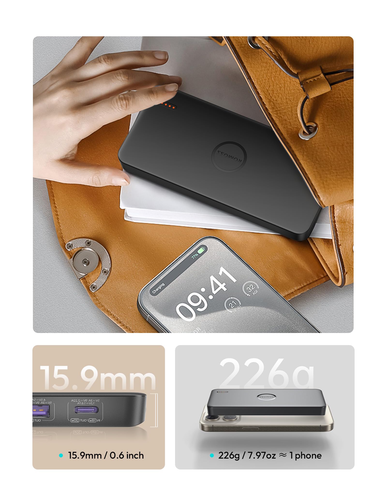 Romoss Portable Charger, Slim 22.5W Fast Charging Power Bank, 10,000Mah Battery Pack With Usb C In&Out For Iphone 16 15 14 13 12