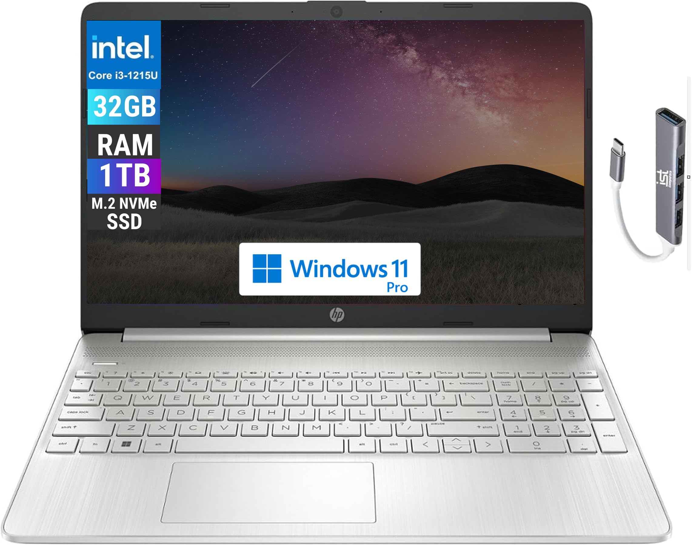 HP 15 Laptop (15.6 HD Display, Intel Core i3-1215U (> i5-1235U), 32GB RAM, 1TB SSD) Home & Business, 10.75-Hr Battery Life, Nump