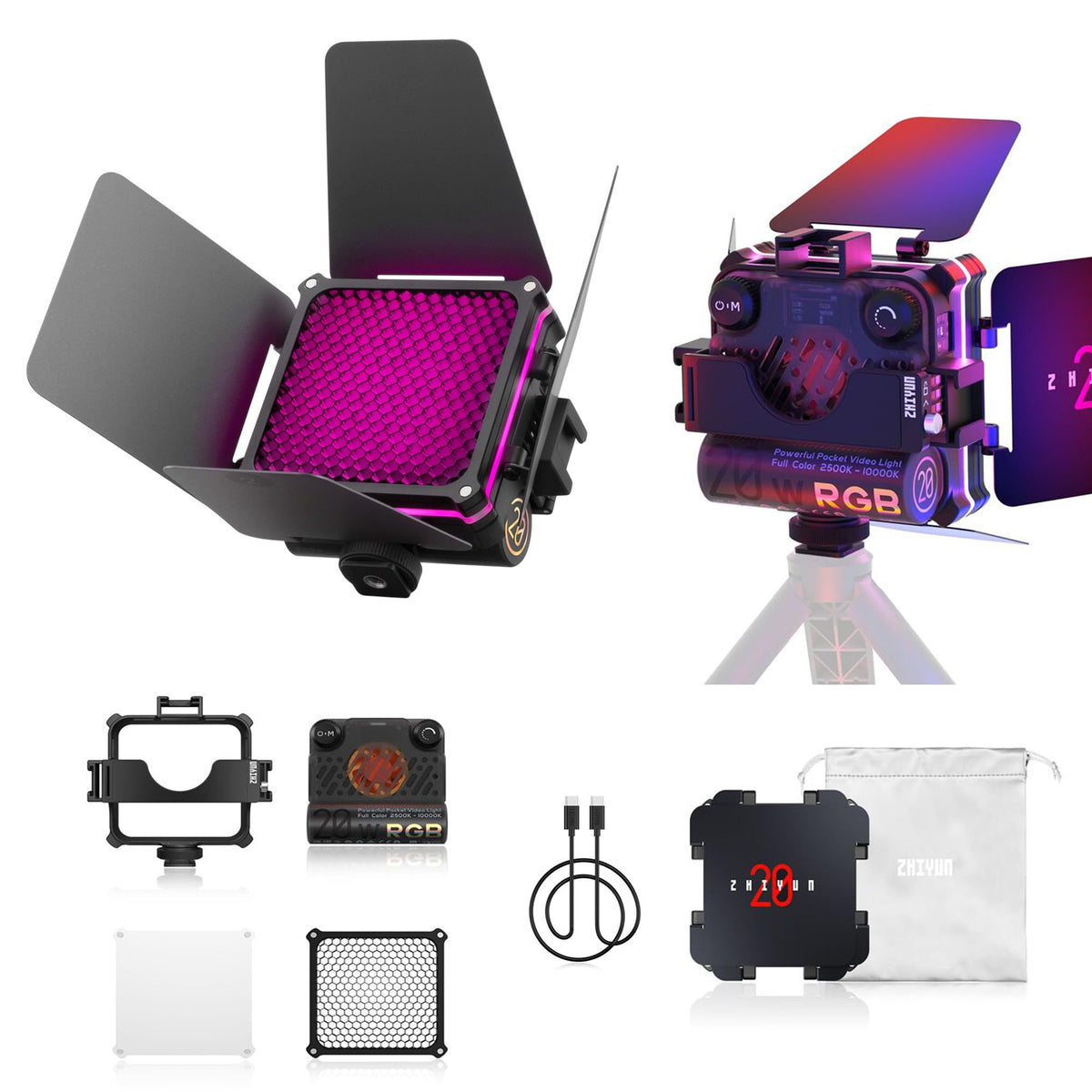 Zhiyun Fiveray M20C Combo Rgb Video Light 2500K~10000K Powerful On-Camera Video Lights, 20W (M20C Combo)